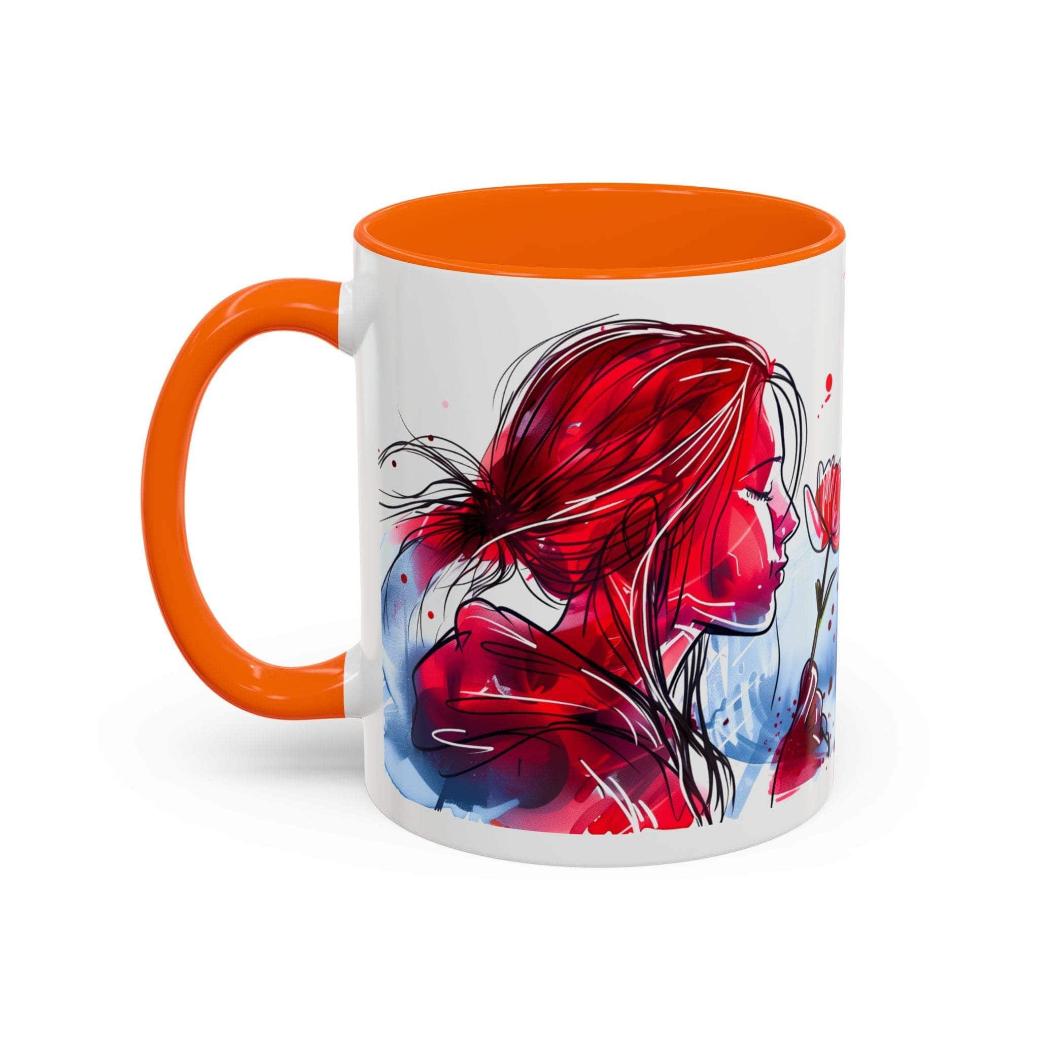 Mug with artistic design of a woman's face and red hair on a white background