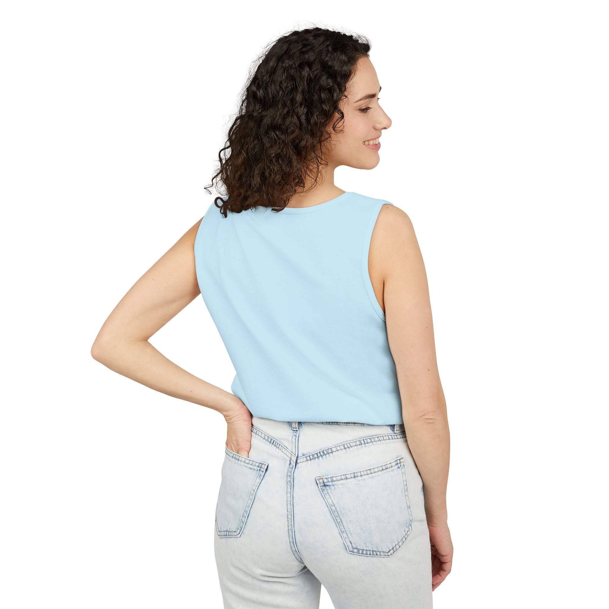 Light blue sleeveless tank top made of soft cotton fabric, modeled from the back.