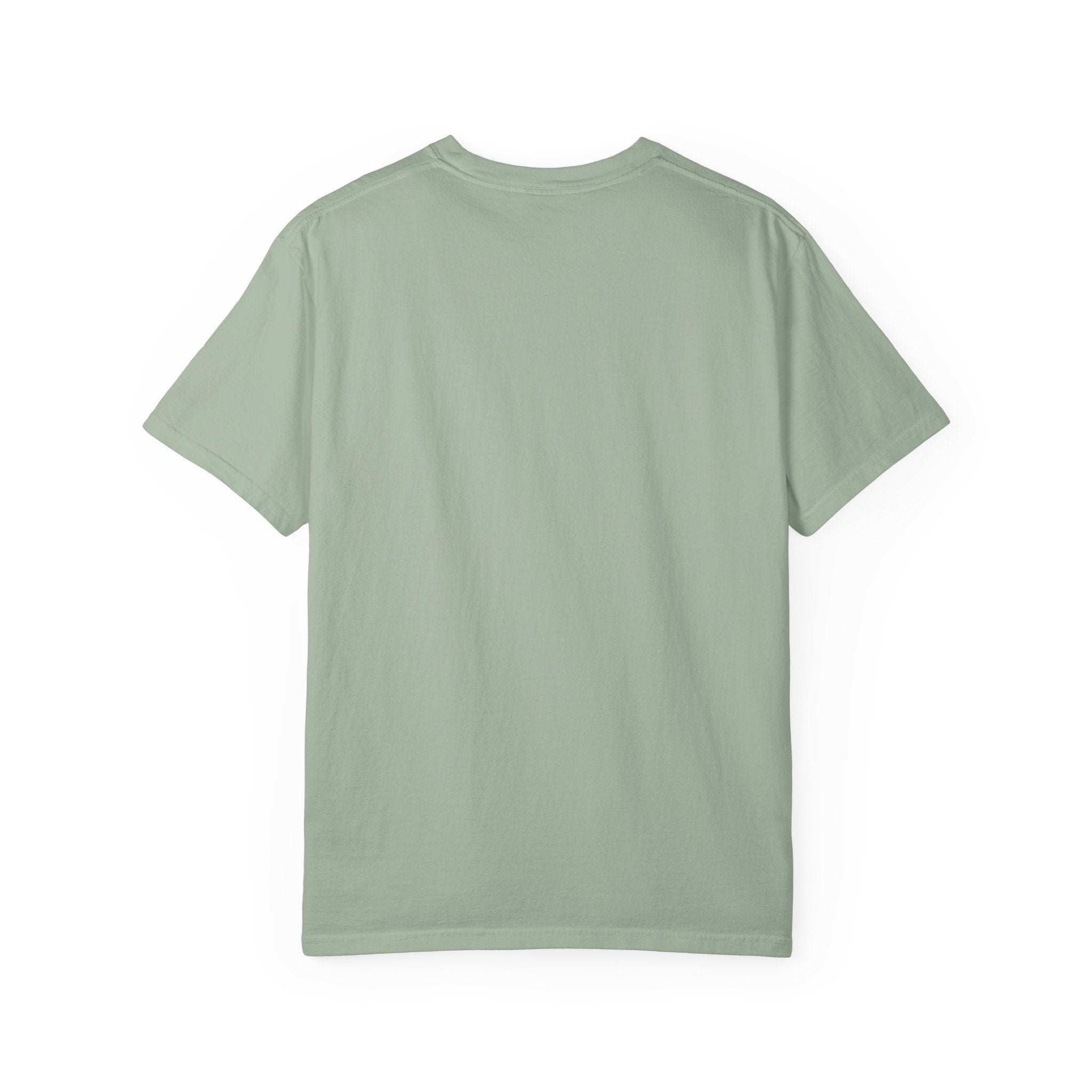 Back view of light green garment-dyed T-shirt with casual fit and short sleeves