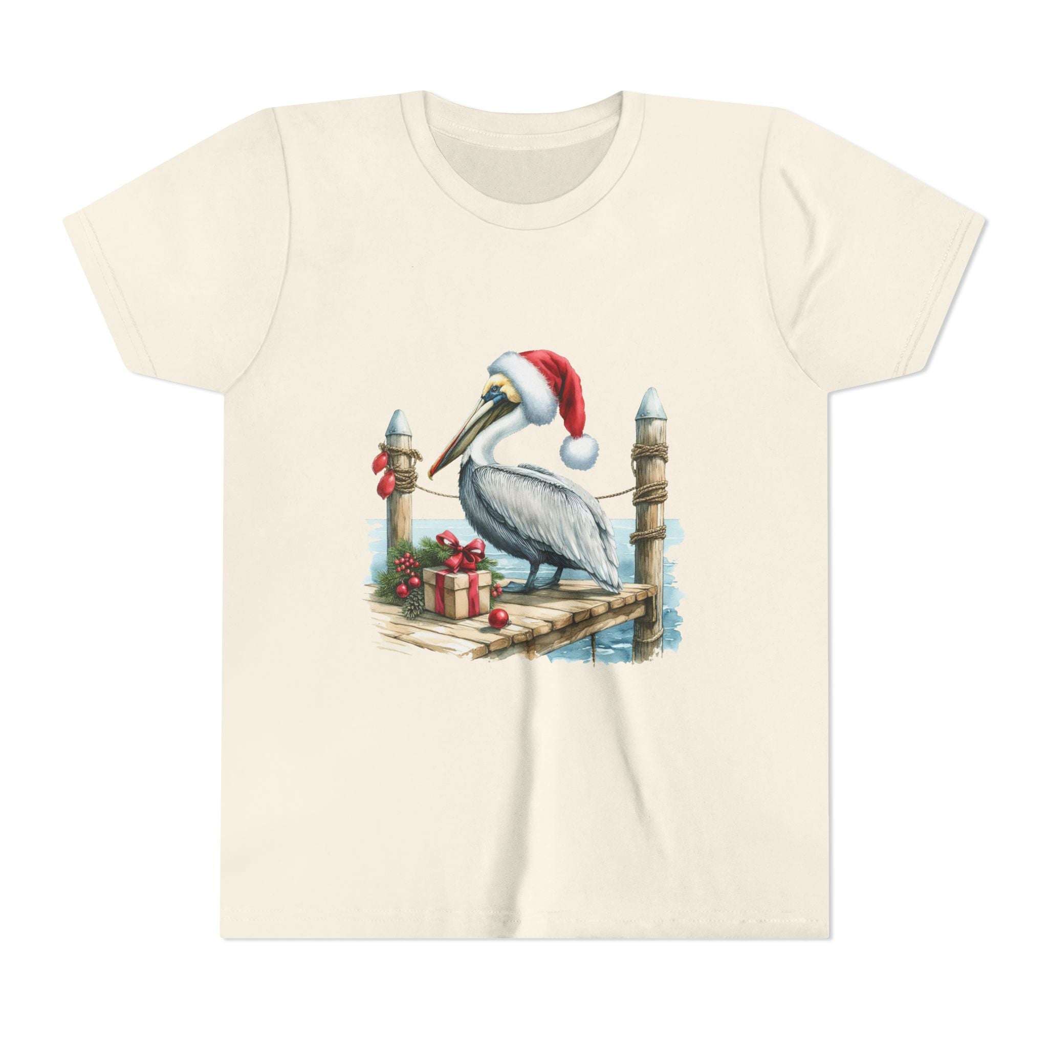 Beige t-shirt with a Christmas pelican design on a white background