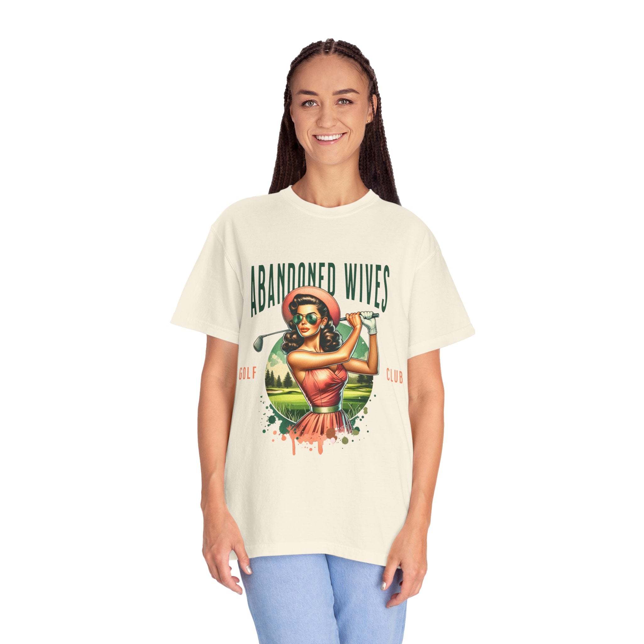 Woman wearing vintage unisex t-shirt with Abandoned Wives Golf Club design and casual fit
