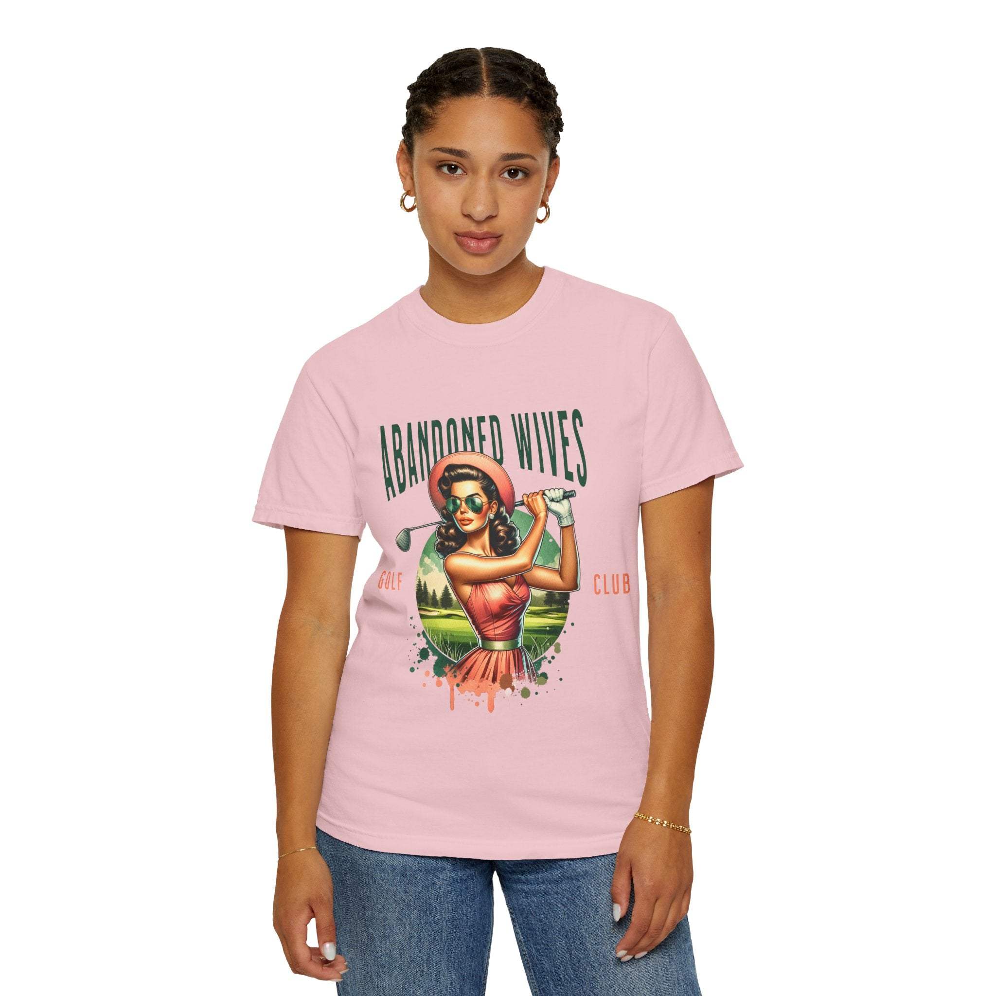 Vintage unisex t-shirt with Abandoned Wives Golf Club graphic in pink, made of soft ring-spun cotton.