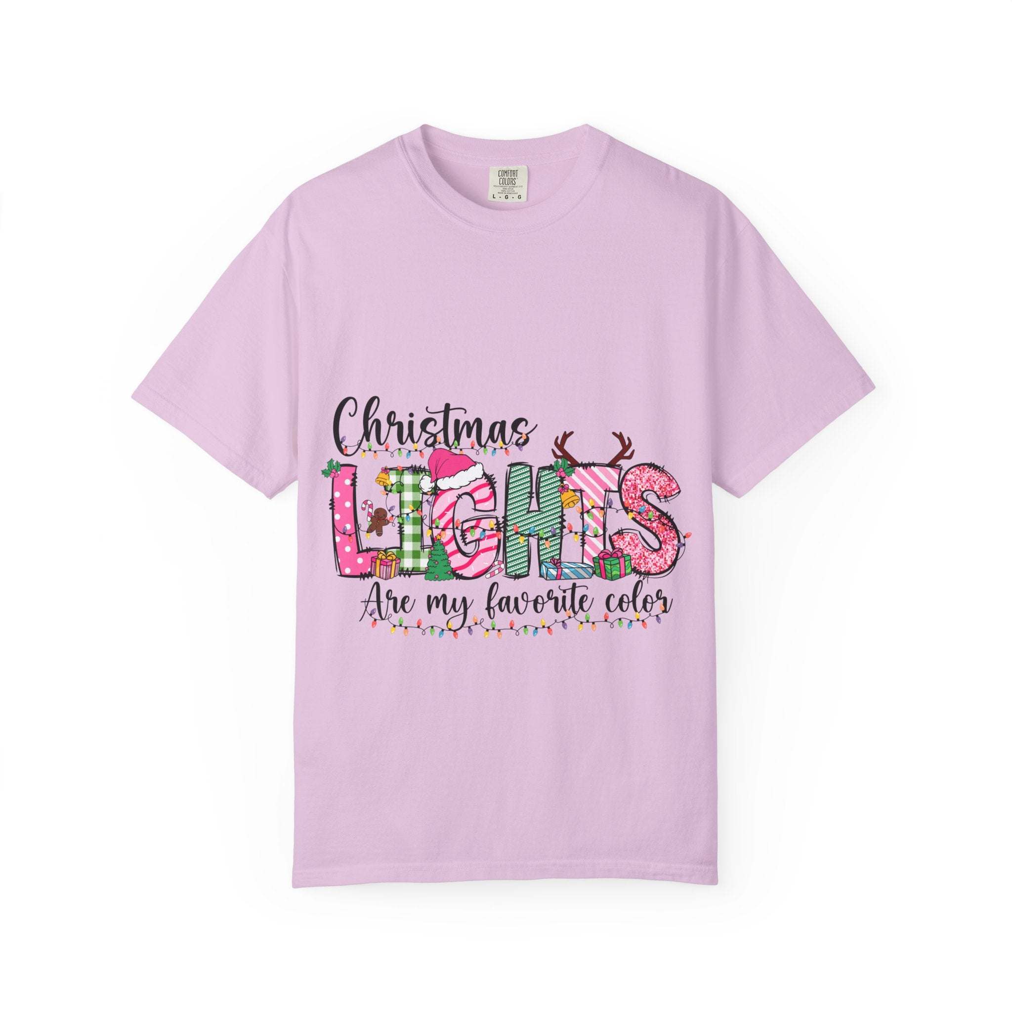 Christmas Lights Are My Favorite Color t-shirt in soft garment-dyed cotton with relaxed fit and holiday graphic text