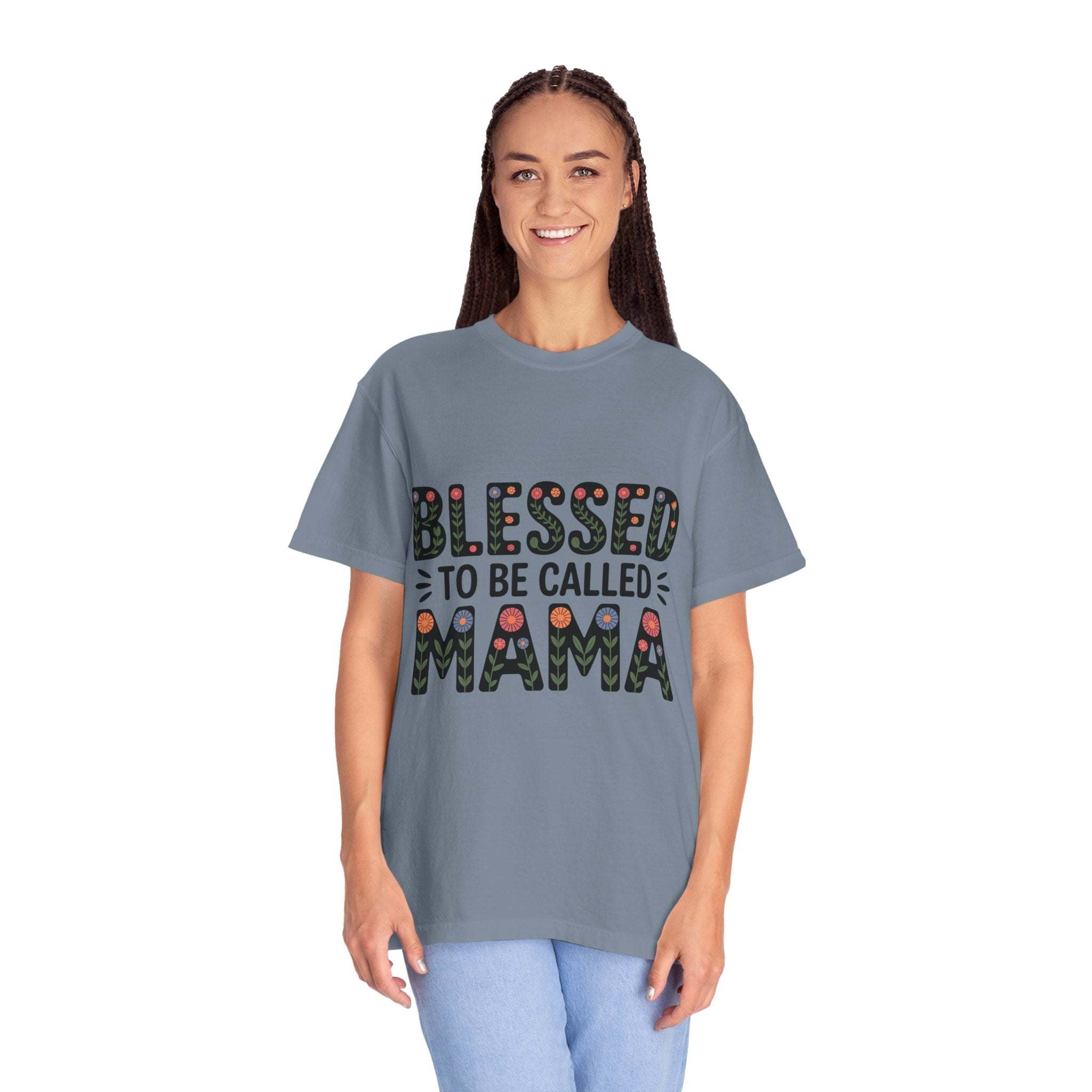 Floral "Blessed To Be Called Mama" T-Shirt with vintage wash and floral lettering celebrating motherhood
