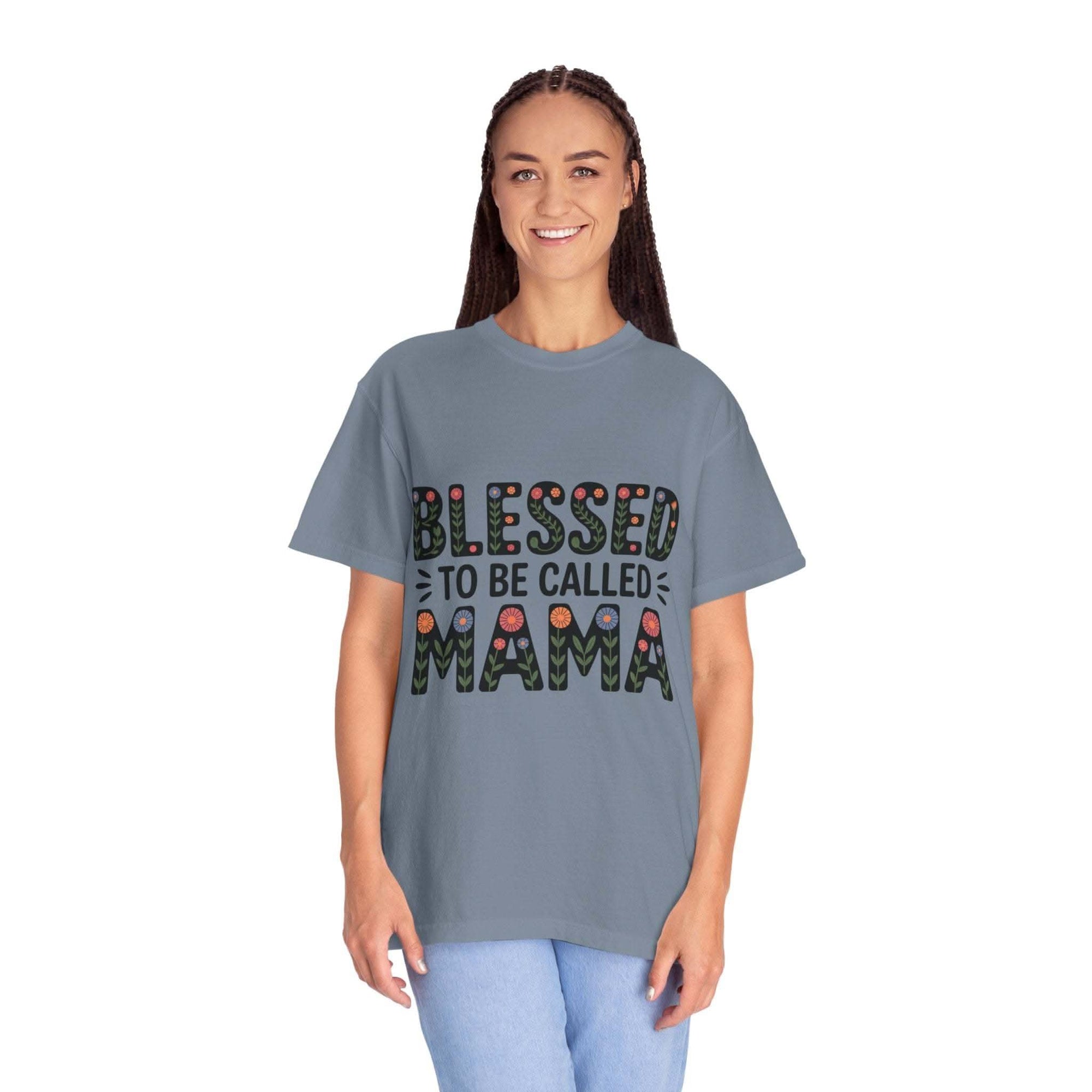 Floral "Blessed To Be Called Mama" T-Shirt with vintage wash and floral lettering celebrating motherhood