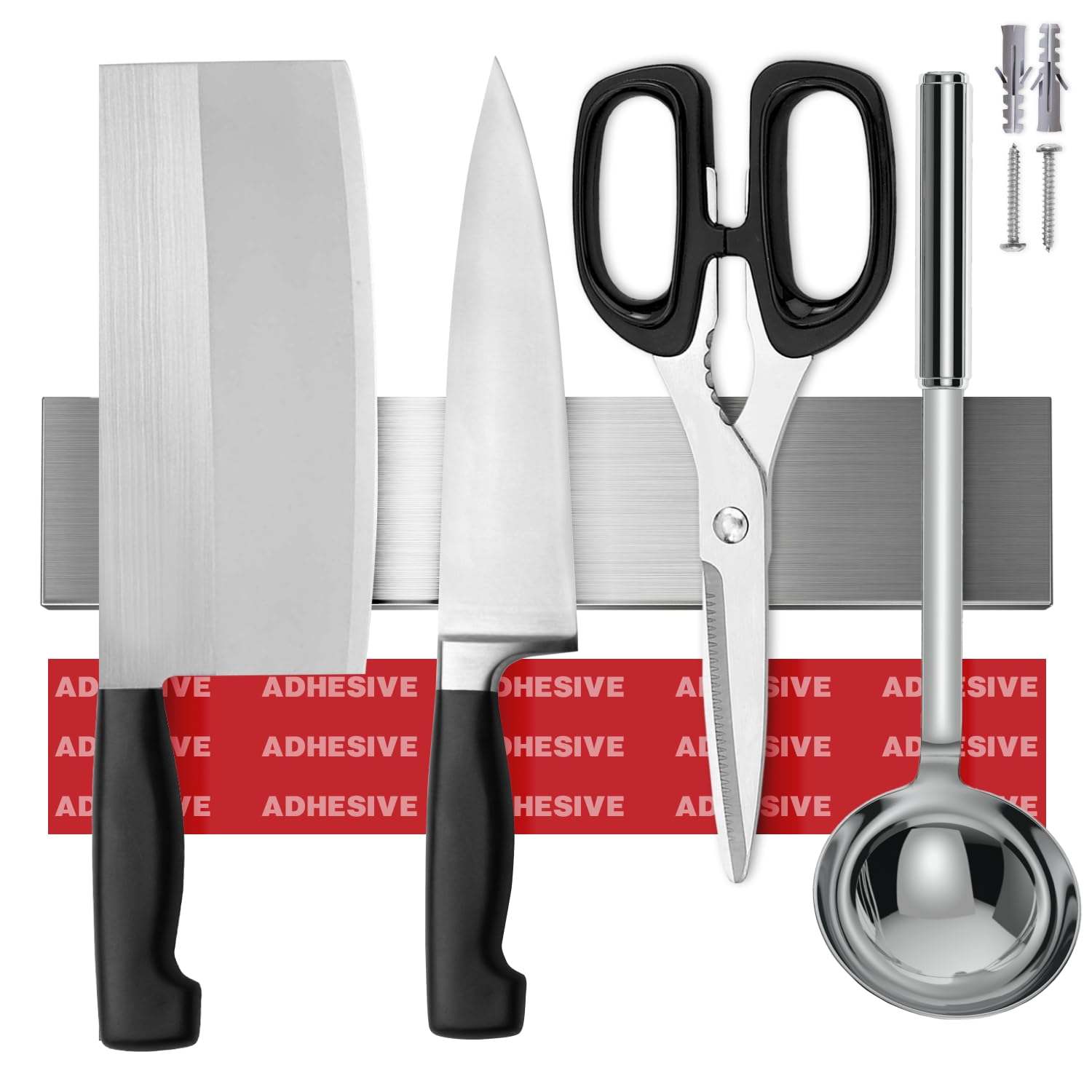 VersaMount 10" magnetic knife and tool strip with adhesive backing for wall mounting, stainless steel, corrosion-resistant, no screws needed.