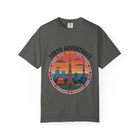 Red garment-dyed cotton t-shirt featuring 'Tokyo Adventures' design by Printify