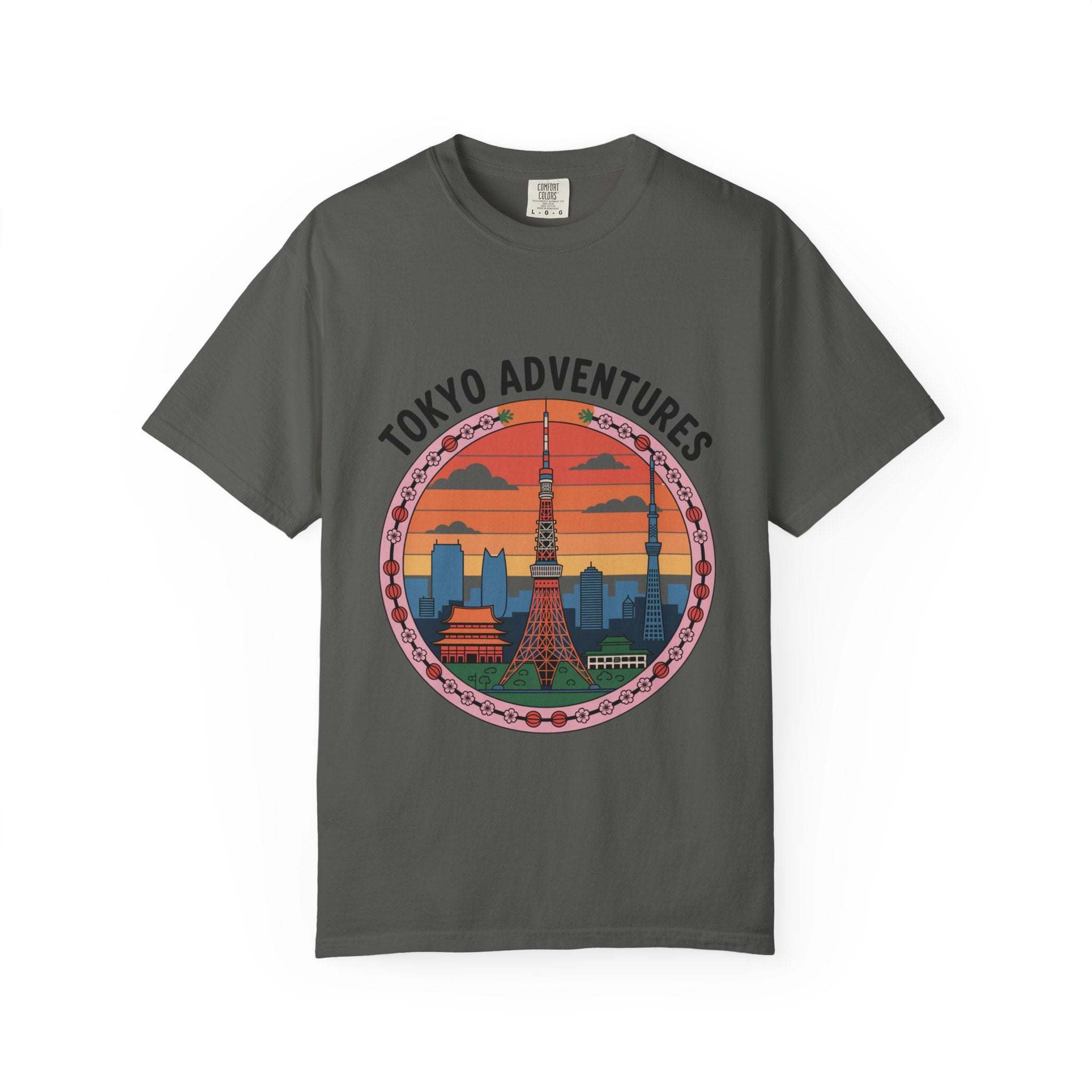 Red garment-dyed cotton t-shirt featuring 'Tokyo Adventures' design by Printify