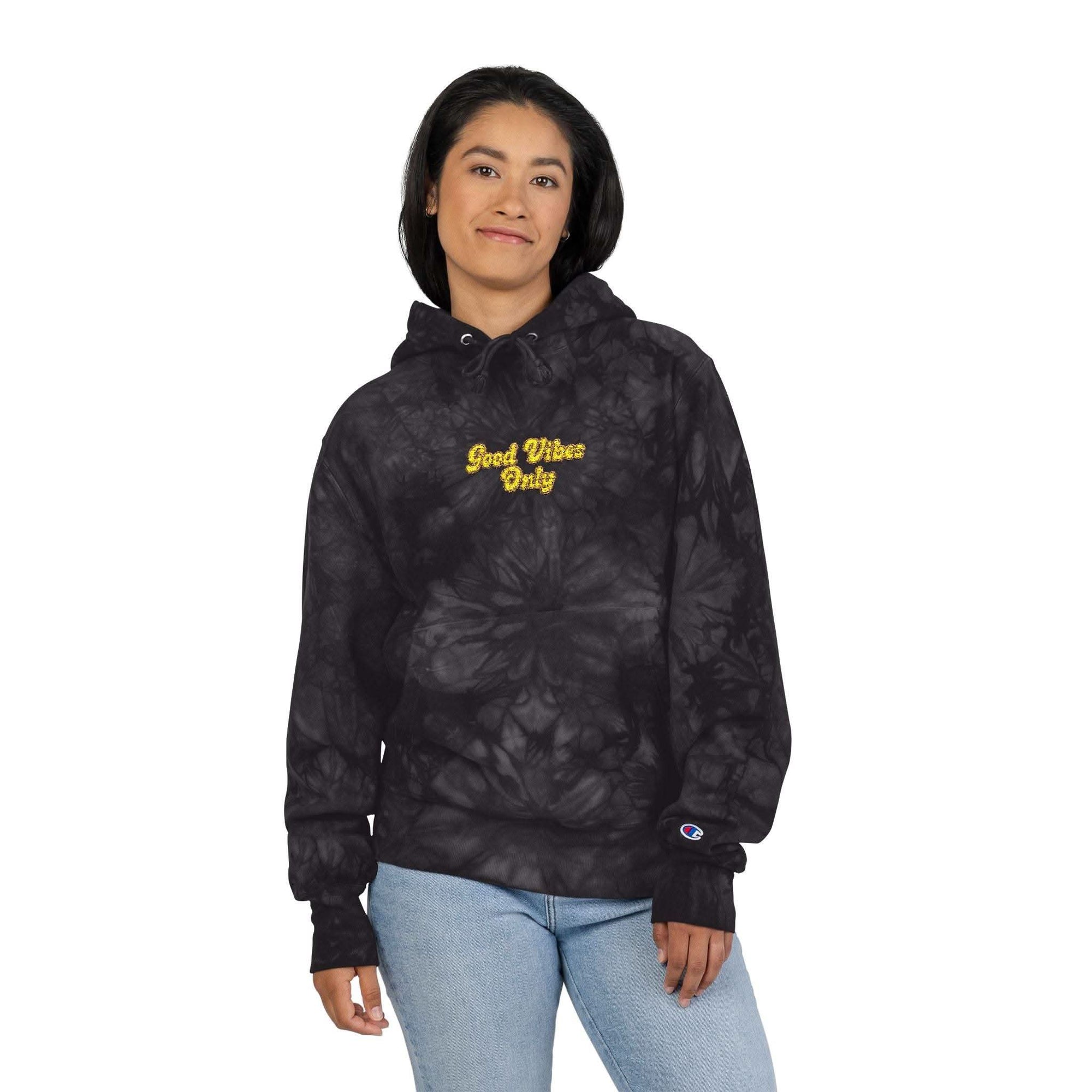 Mulled Berry tie-dye hoodie with 'Good Vibes Only' embroidery by Printify