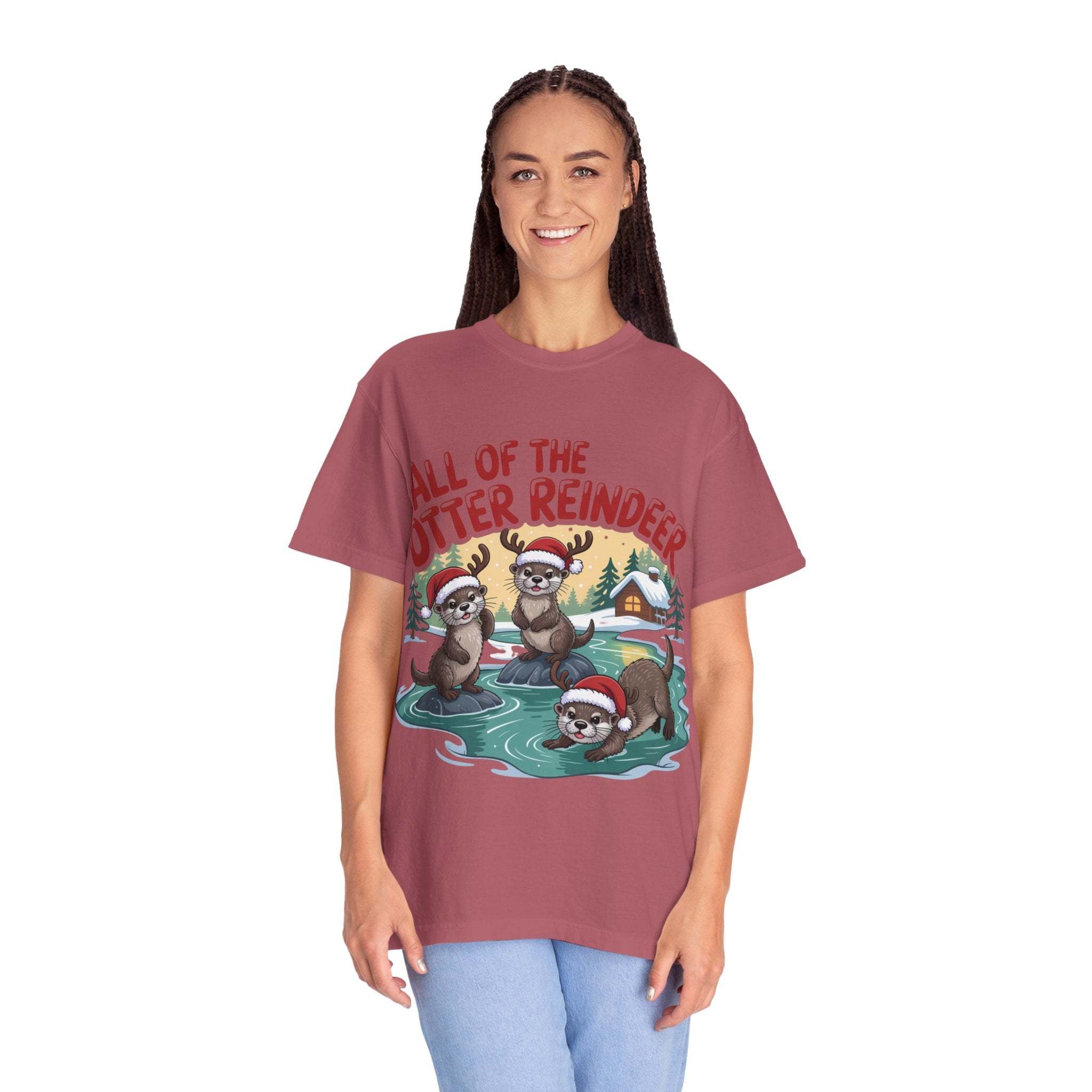 Woman wearing festive Otter Reindeer Tee with cute holiday otters design