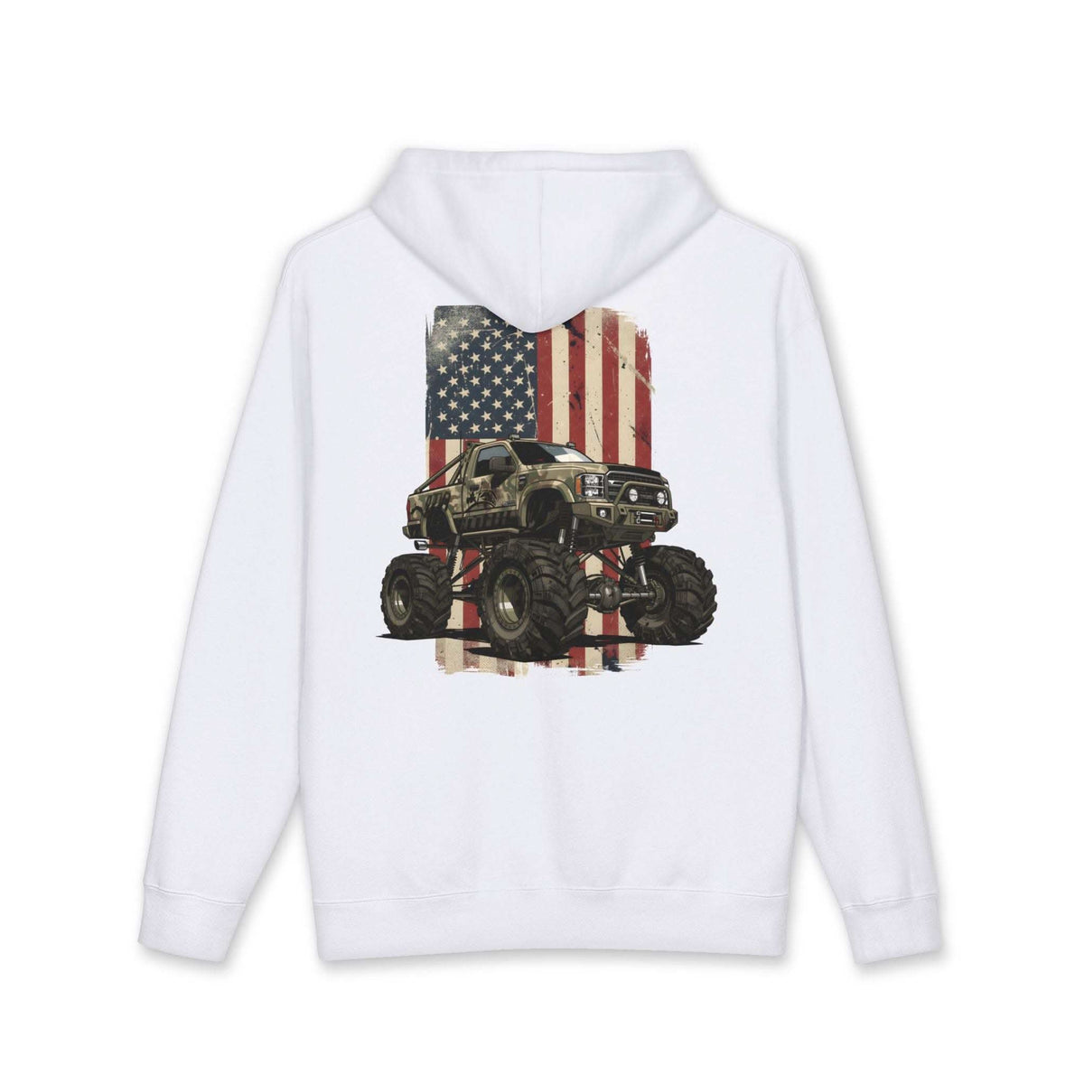 American Flag Monster Truck hoodie with camouflage truck and distressed flag design