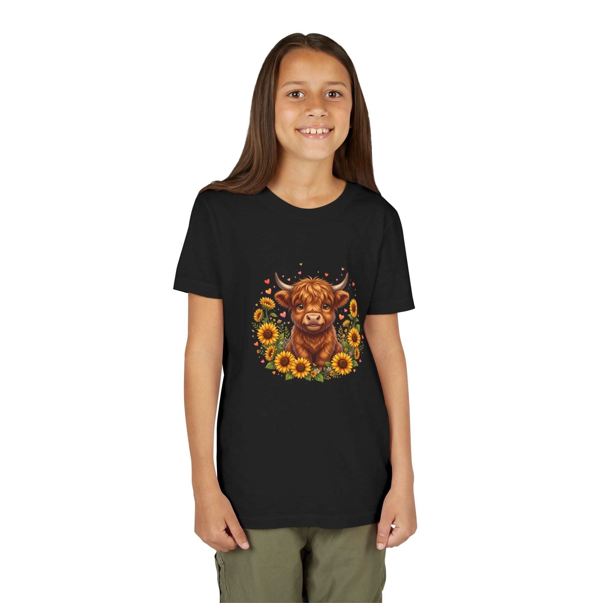 Youth tee featuring Highland Cow with Sunflowers design on soft cotton fabric