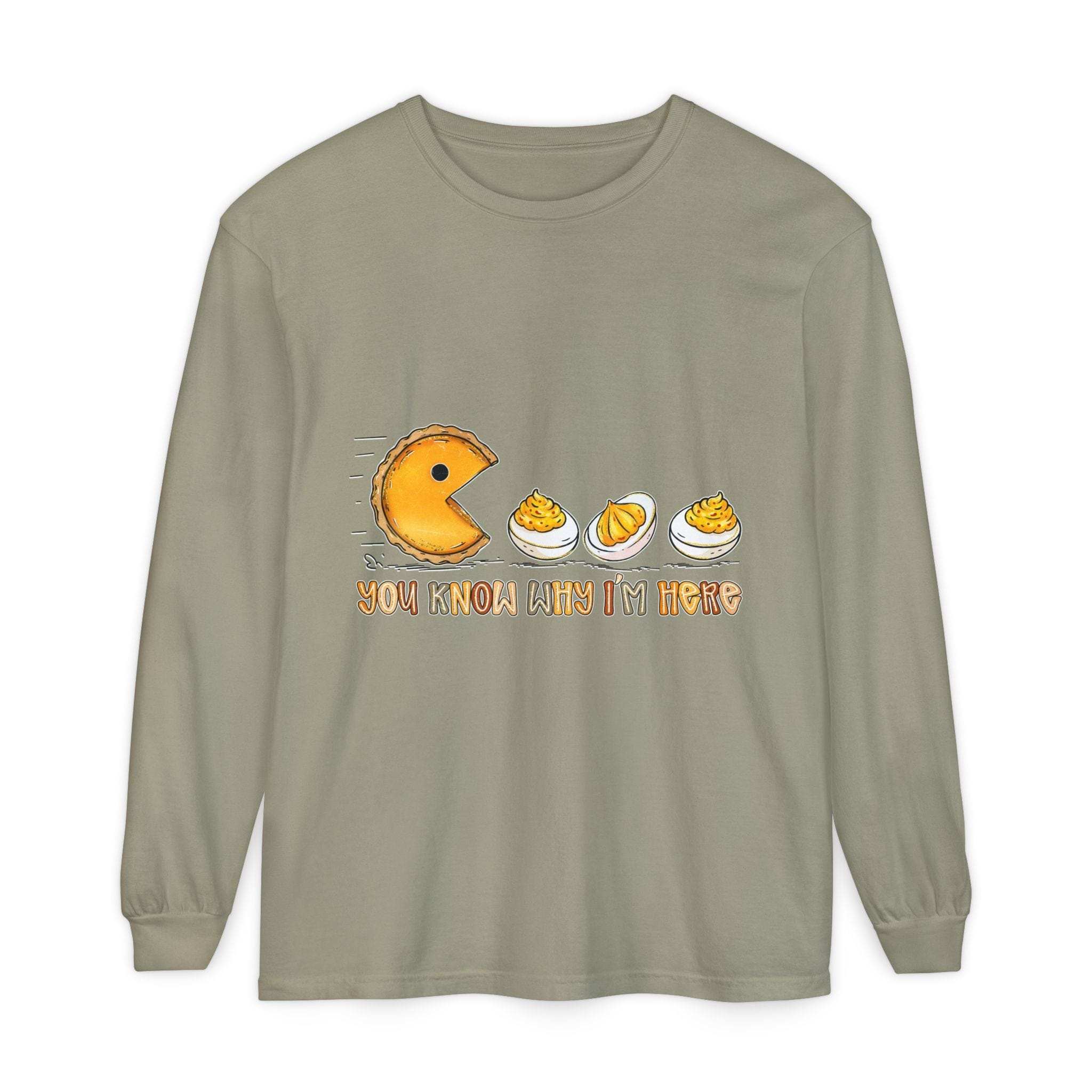 White long sleeve t-shirt featuring humorous 'You Know Why I'm Here' deviled eggs design by Printify