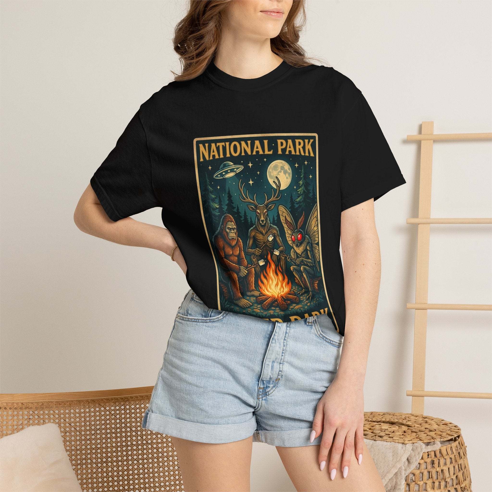 National Park After Dark T-Shirt | Campfire Sasquatch Mothman Night Creatures