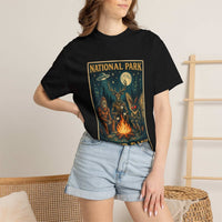 National Park After Dark vintage campfire t-shirt with Sasquatch and Mothman night creatures design