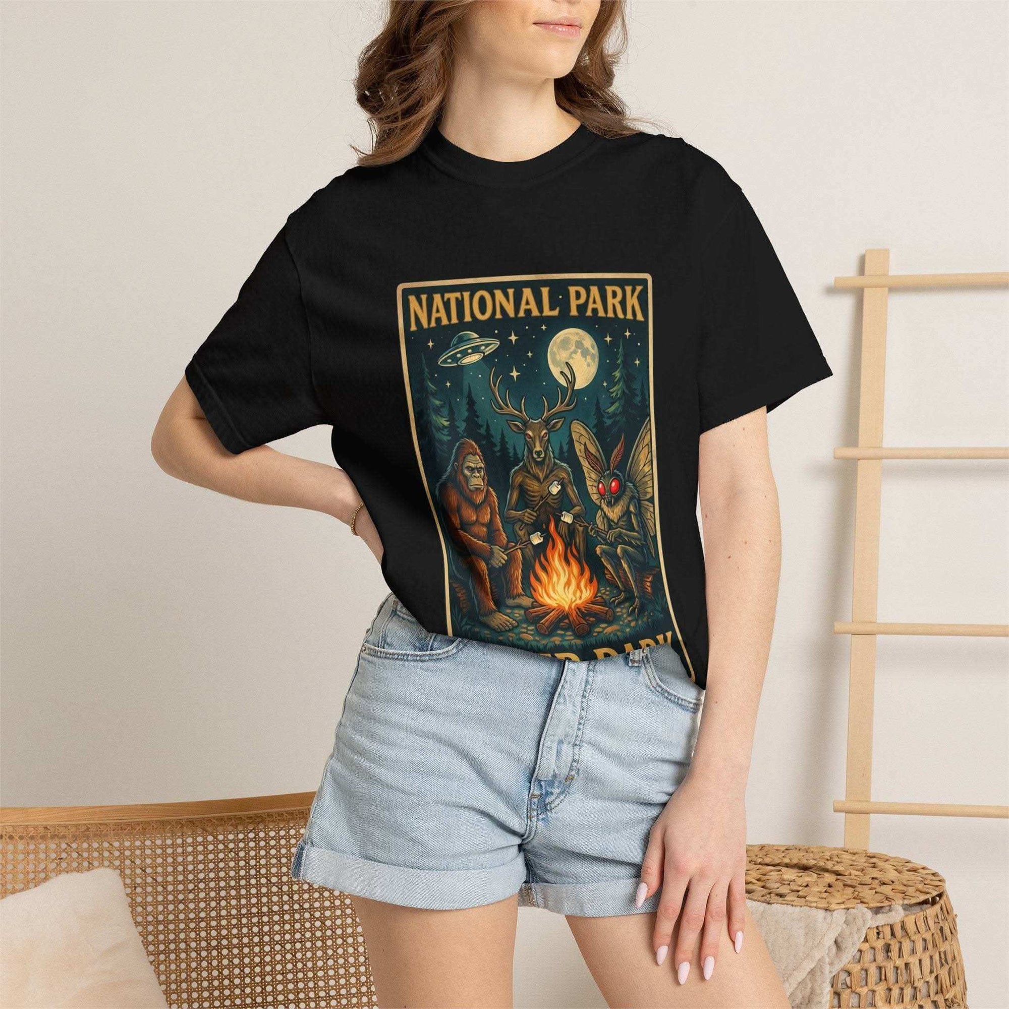National Park After Dark vintage campfire t-shirt with Sasquatch and Mothman night creatures design