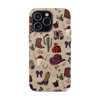 Cowboy Christmas design phone case for iPhone 17 in glossy finish by Printify, featuring festive colors and patterns.