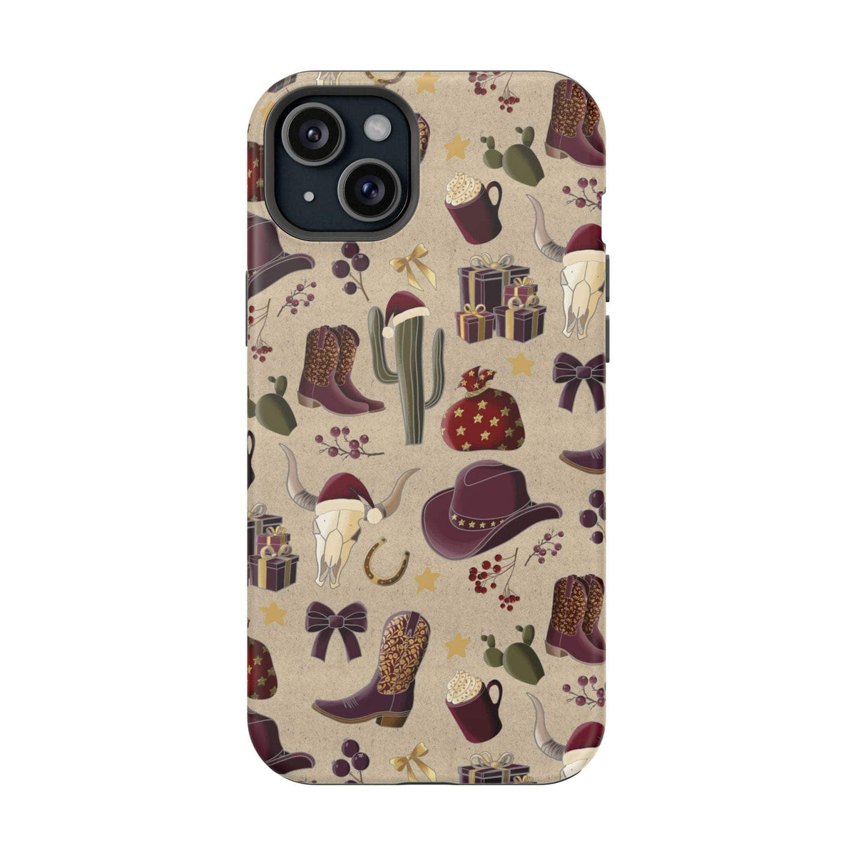 Cowboy Christmas design phone case for iPhone 17 in glossy finish by Printify, featuring festive colors and patterns.