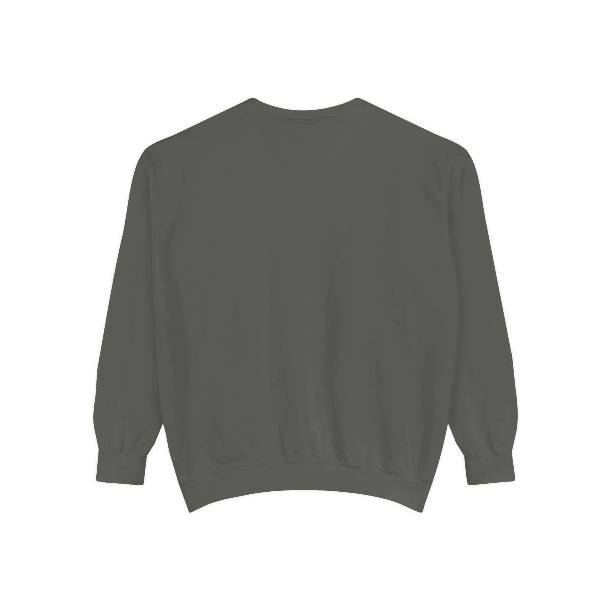 Back view of a gray unisex sweatshirt with ribbed cuffs and hem, designed for cozy holiday wear