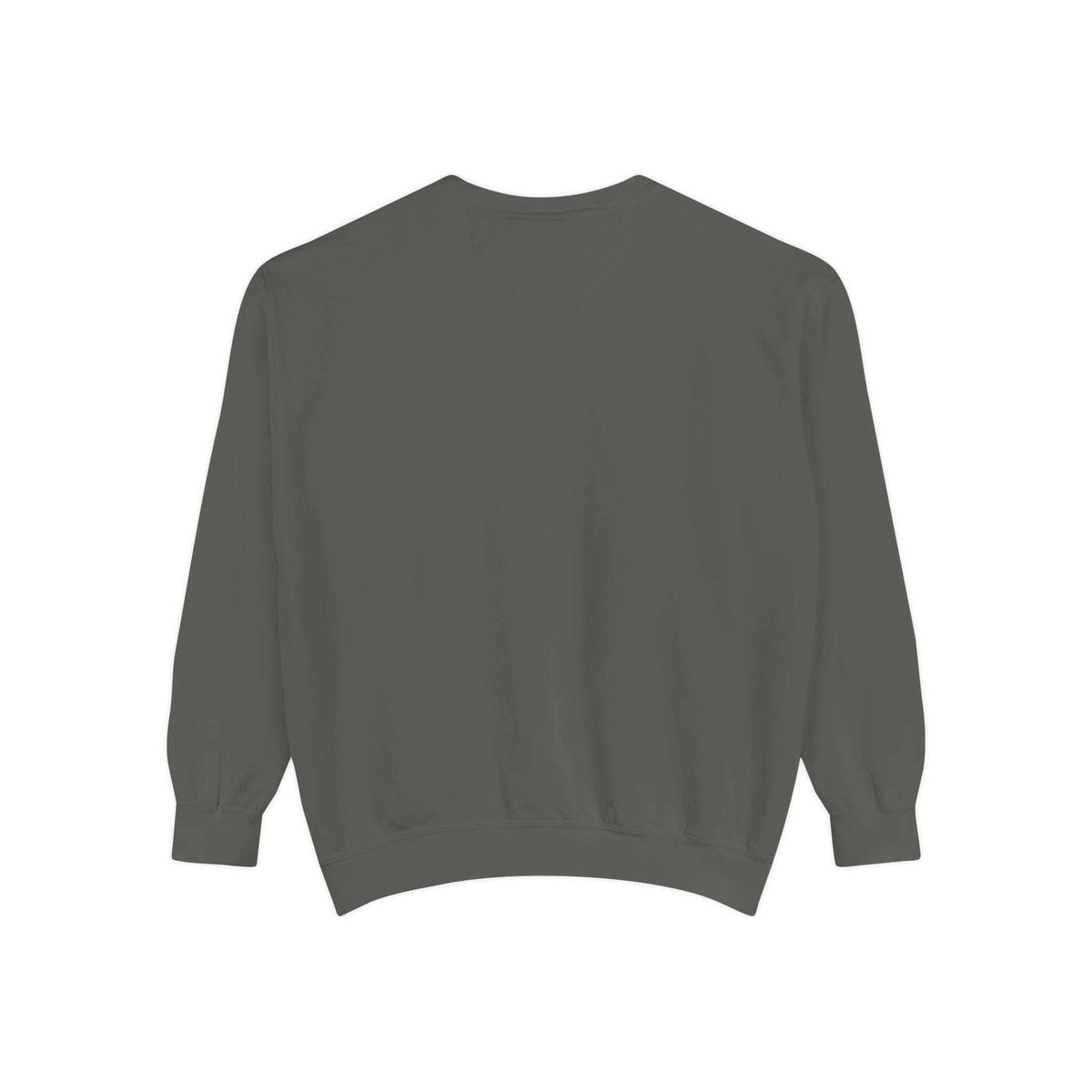 Back view of a gray unisex sweatshirt with ribbed cuffs and hem, designed for cozy holiday wear