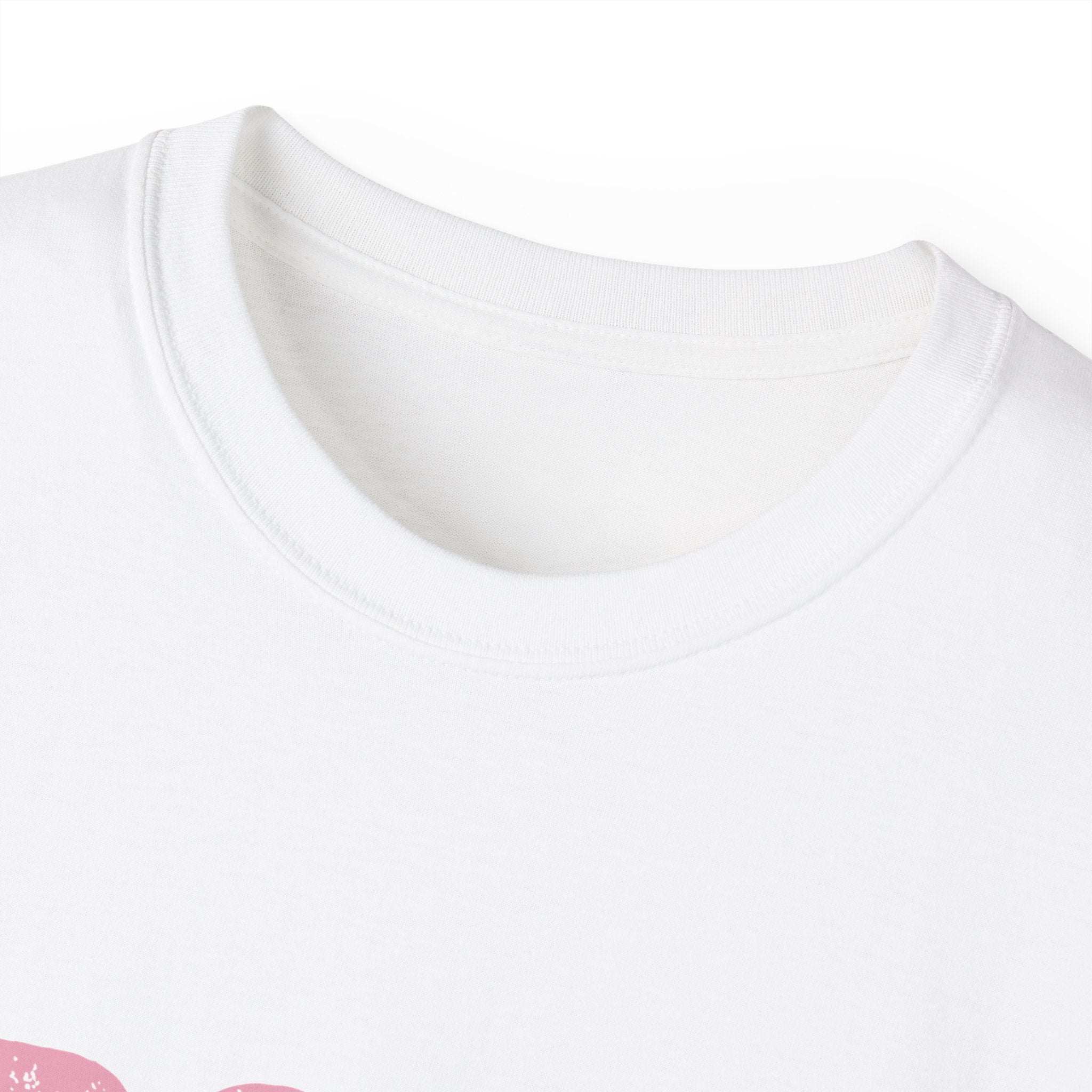 Close-up of white distressed frosty t-shirt made of 100% cotton with round neck collar
