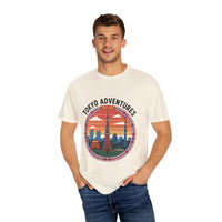 Garment-dyed T-shirt with Tokyo Adventures graphic and travel-themed design on soft cotton fabric