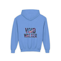 Blue kids galaxy hoodie with Void Walker galaxy print on the back, cotton-polyester blend, kangaroo pocket, cosmic design