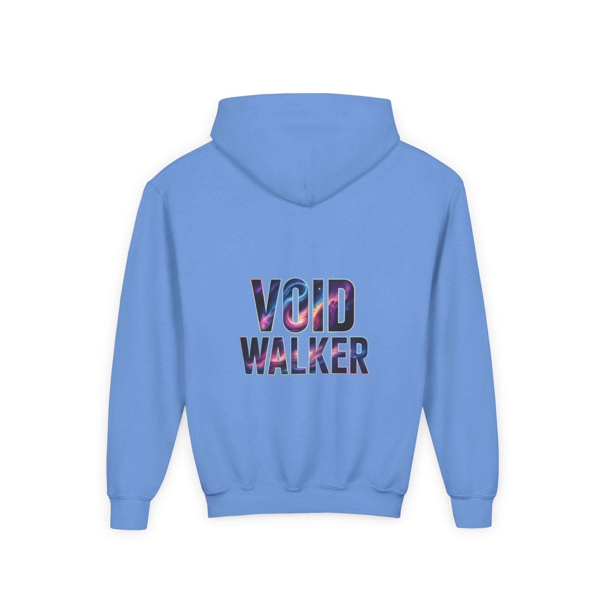 Blue kids galaxy hoodie with Void Walker galaxy print on the back, cotton-polyester blend, kangaroo pocket, cosmic design