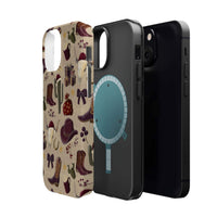 Cowboy Christmas design phone case for iPhone 17 in glossy finish by Printify, featuring festive colors and patterns.