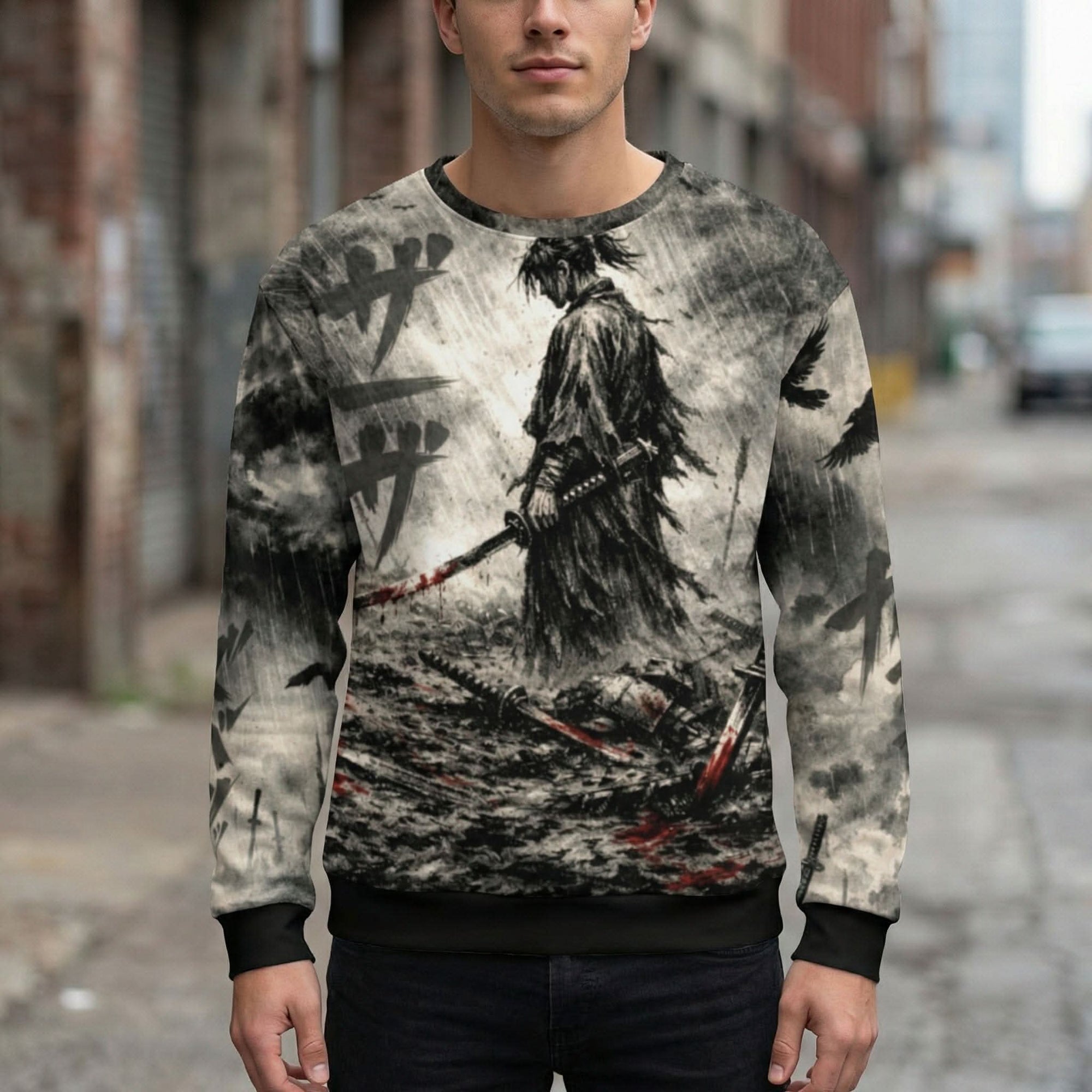 Seinen Samurai Sweatshirt featuring dark anime warrior with sumi-e ink style on rain-soaked battlefield