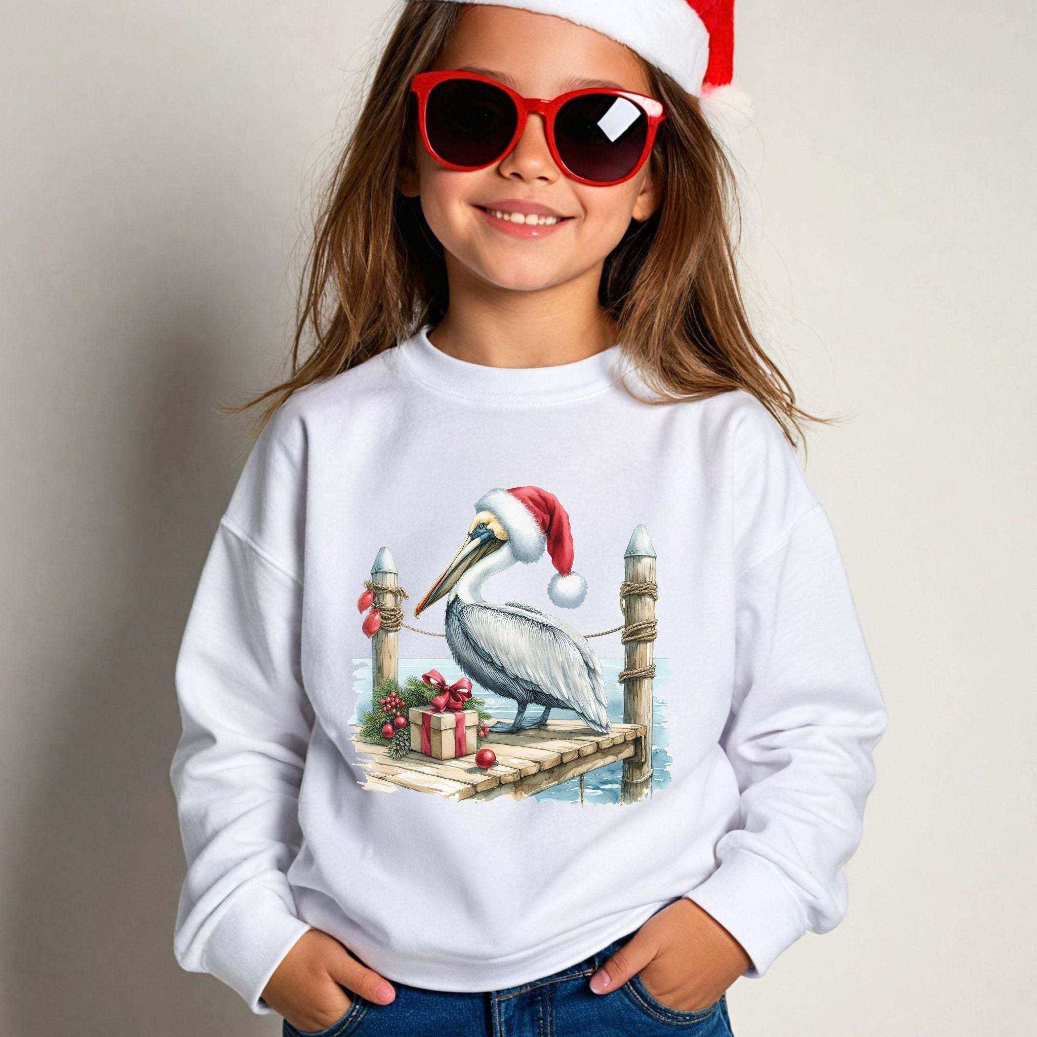 Youth crewneck sweatshirt with embroidered pelican wearing Santa hat and holiday gifts design