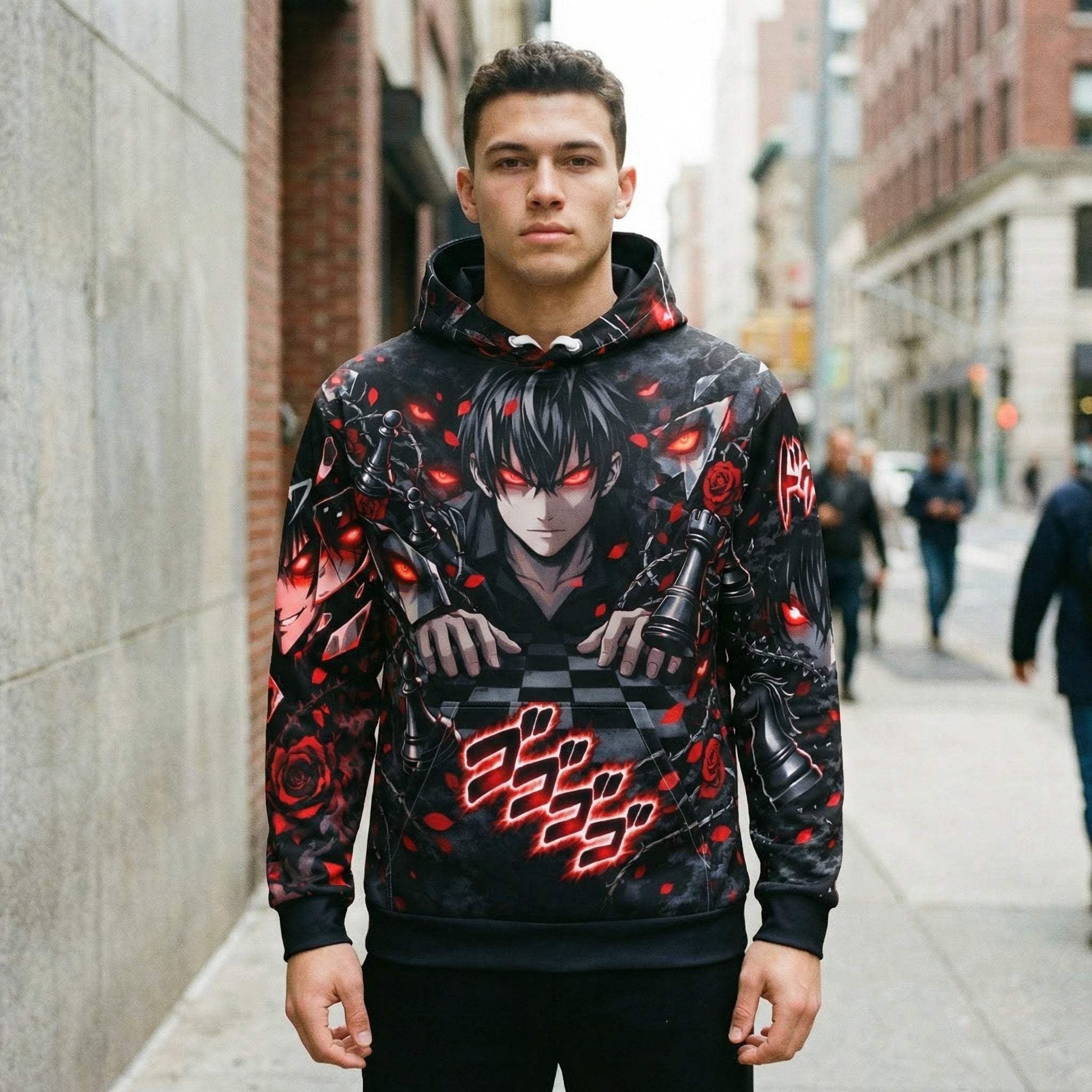 Anime villain aesthetic hoodie with glowing red eyes, shattered mirrors, chess pieces, and thorned roses in crimson and black streetwear style