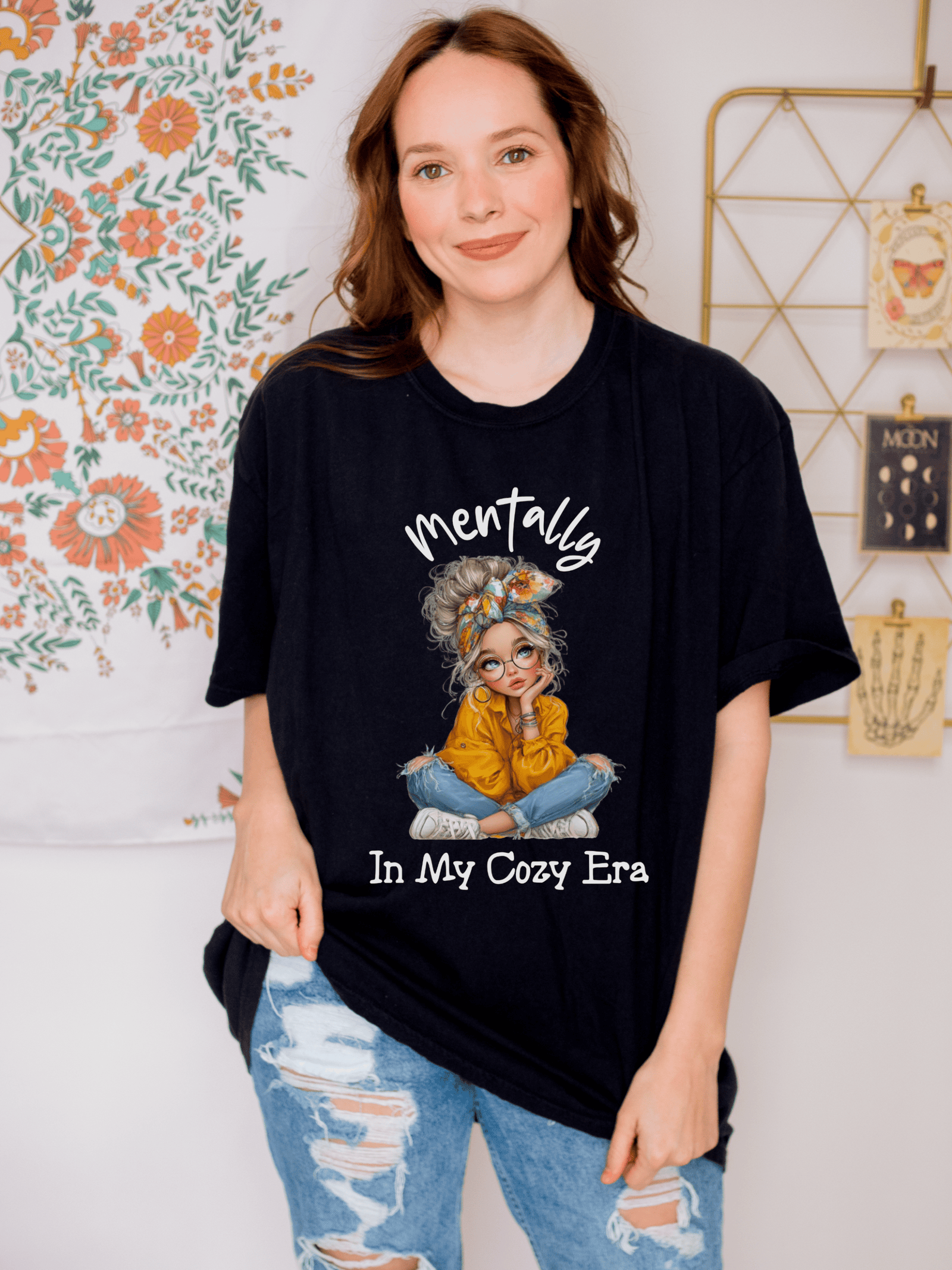 White t-shirt with "Mentally in my Cozy Era" hand-lettered text for comfortable, cozy wear