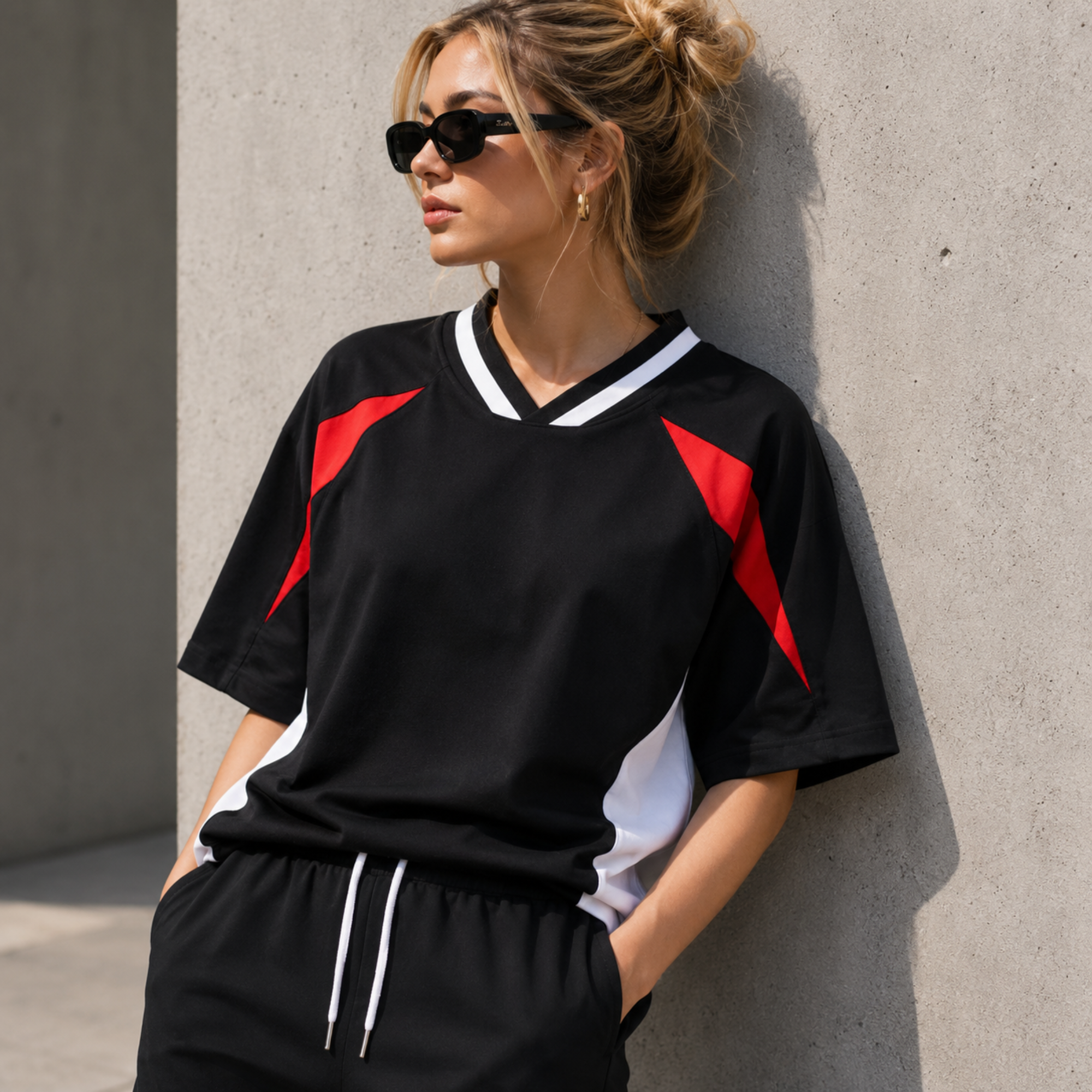 Unisex Oversized Color Block V-Neck T-Shirt | Heavyweight Streetwear Raglan Tee