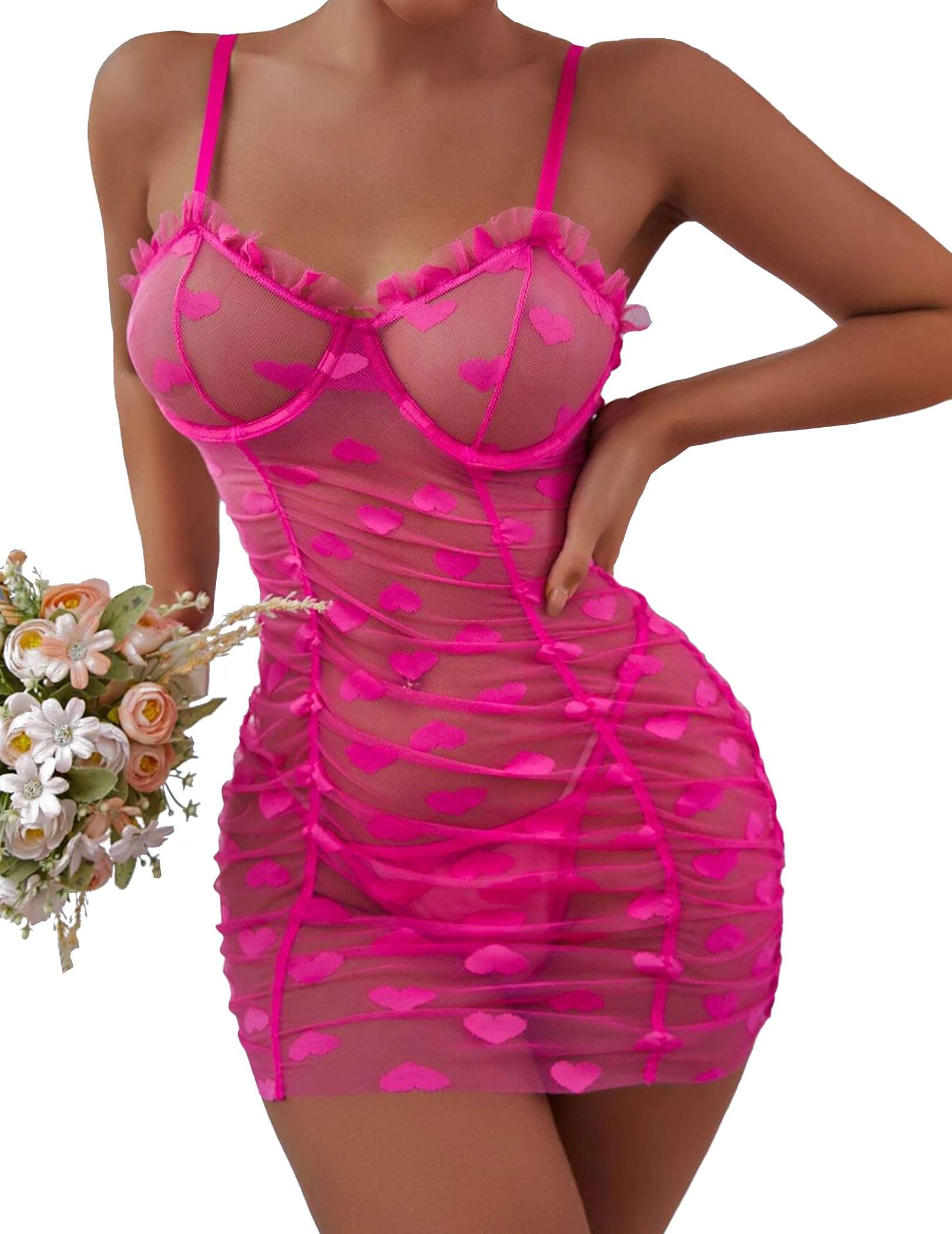 Sexy pink night dress with heart mesh, ruffled edges, and thong set for romantic occasions