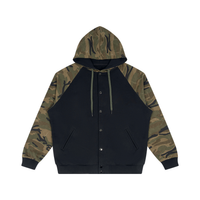 Unisex black button-front hoodie with camouflage raglan sleeves and matching drawstring hood