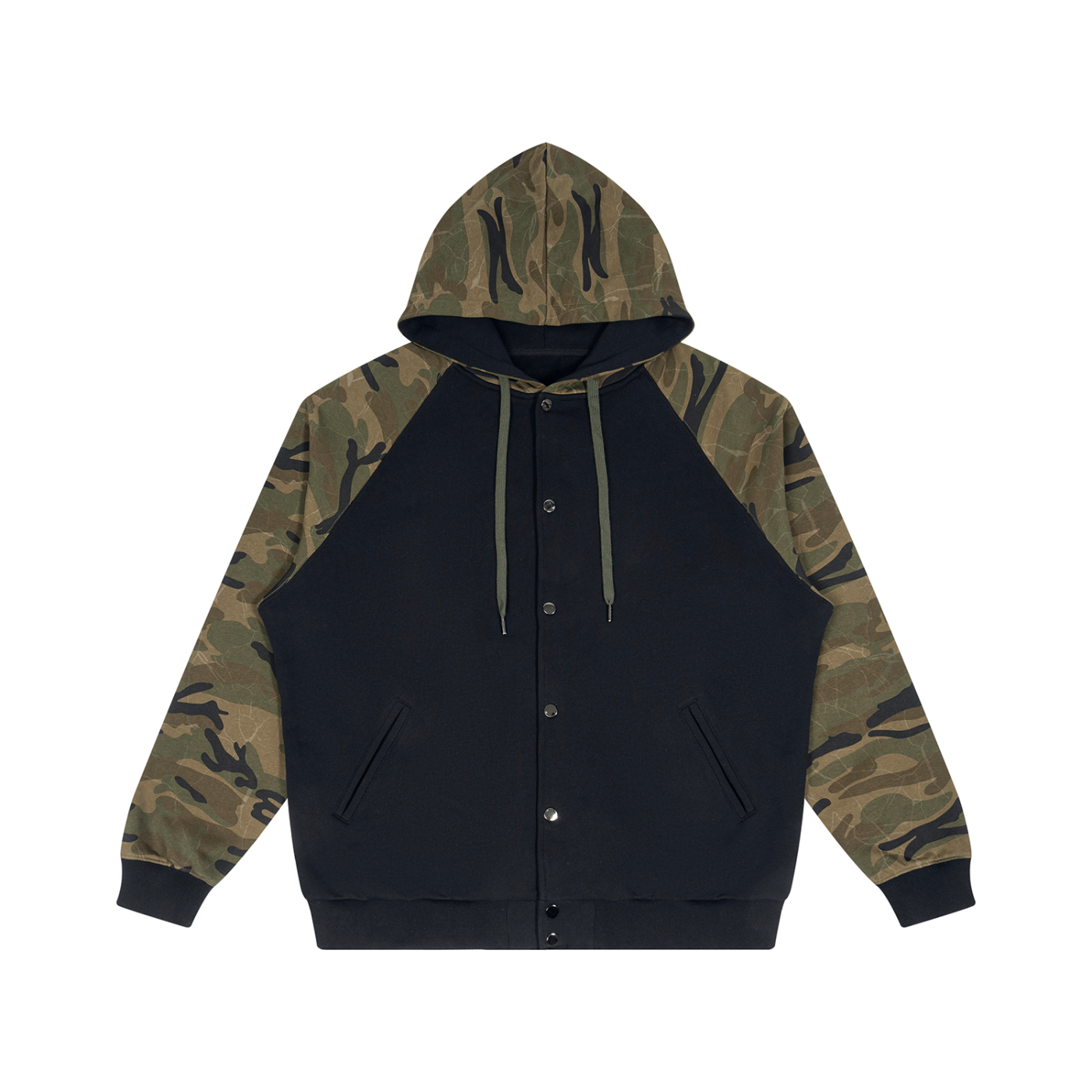 Unisex black button-front hoodie with camouflage raglan sleeves and matching drawstring hood