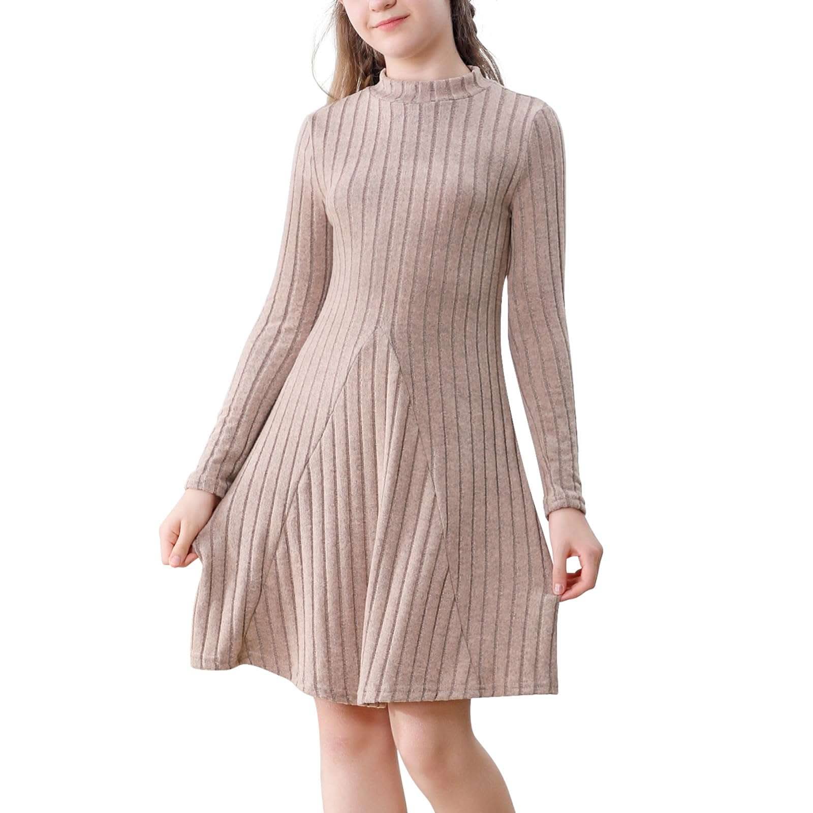 Girls knit sweater dresses with vertical stripes and patchwork design for fall and winter