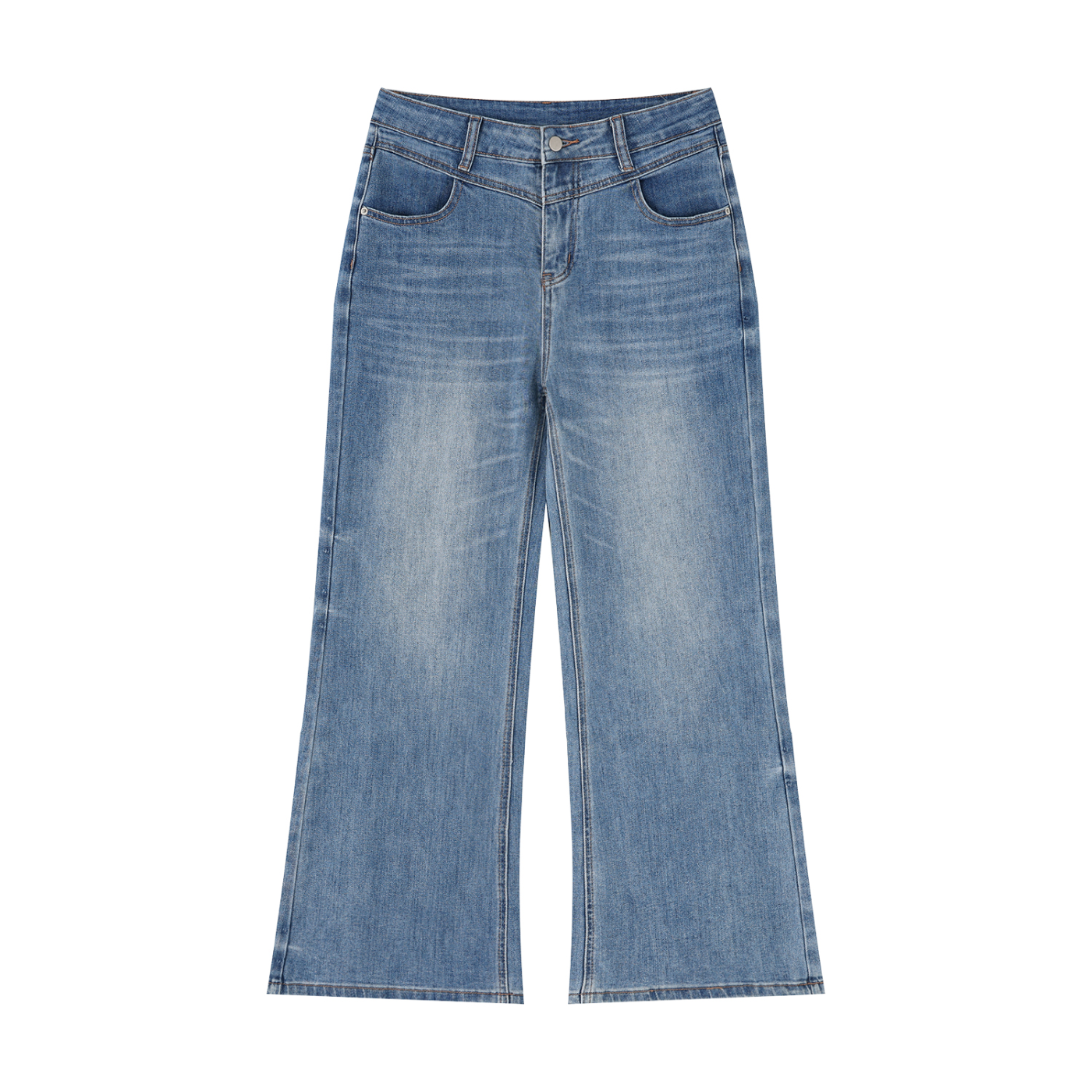 Woman wearing high-rise vintage wash wide leg jeans with loose fit and relaxed silhouette