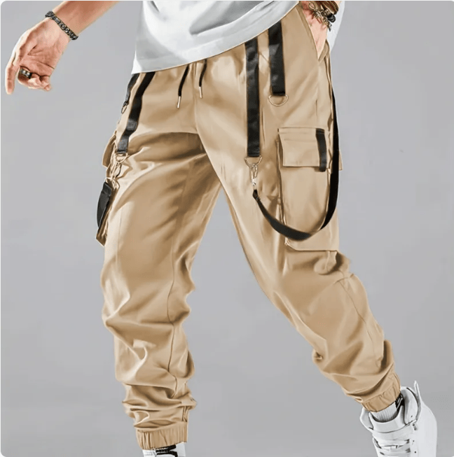 Multi-Pocket Techwear Cargo Pants in black, dark gray, light blue, and khaki, loose-fit, mid-waist full-length polyester trousers with multiple pockets for casual and outdoor wear