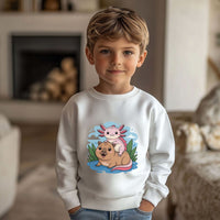 Child wearing a white sweatshirt with a colorful axolotl and dog design in a living room.