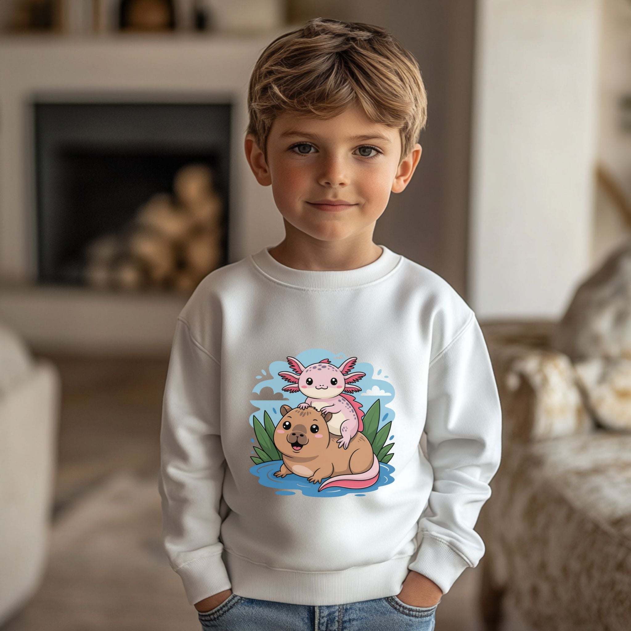 Child wearing a white sweatshirt with a colorful axolotl and dog design in a living room.