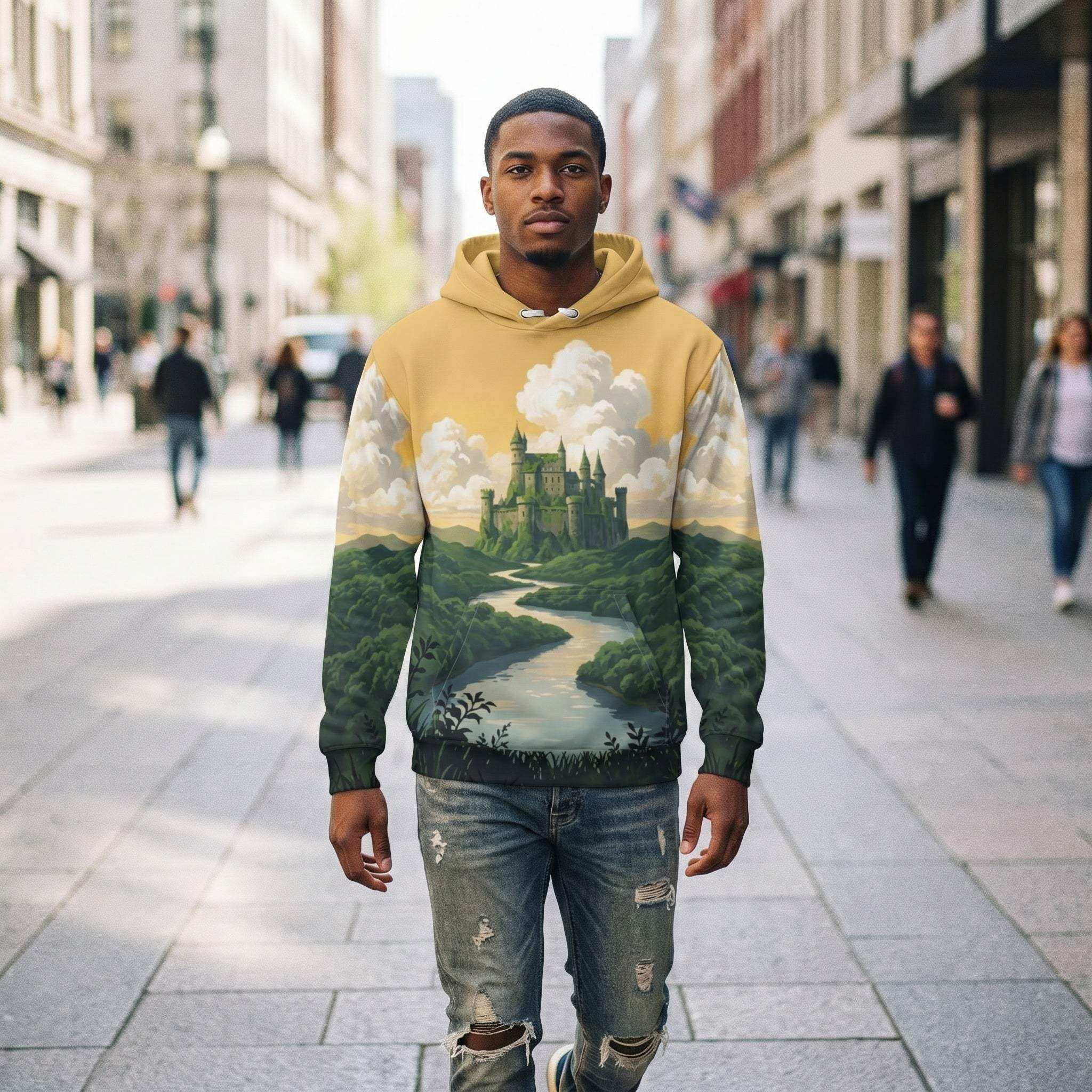 Unisex cotton anime hoodie with all-over nature and fantasy landscape print, soft fabric and relaxed fit