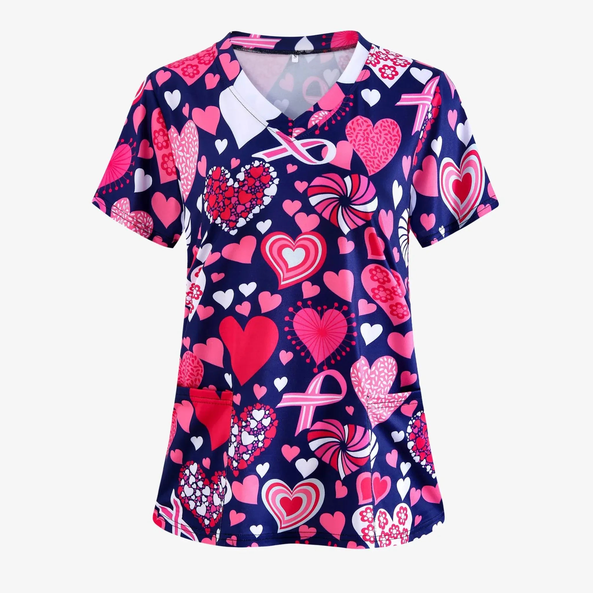 Women’s Valentine Heart Nurse-Style T-Shirt with heart print and V-neck, perfect Valentines Day Clothes for casual and festive wear