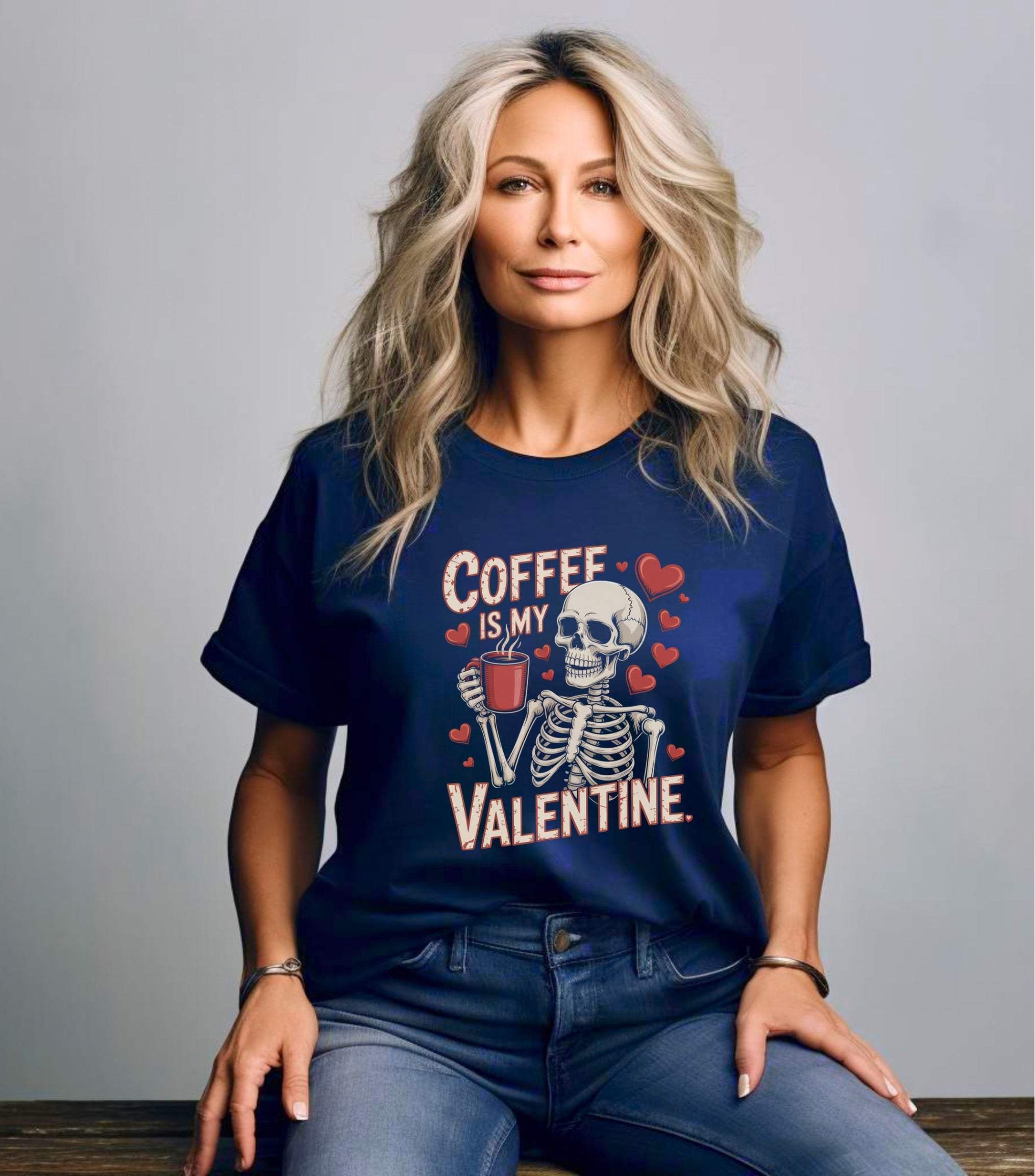 Coffee Is My Valentine skeleton graphic on vintage-washed cotton T-shirt
