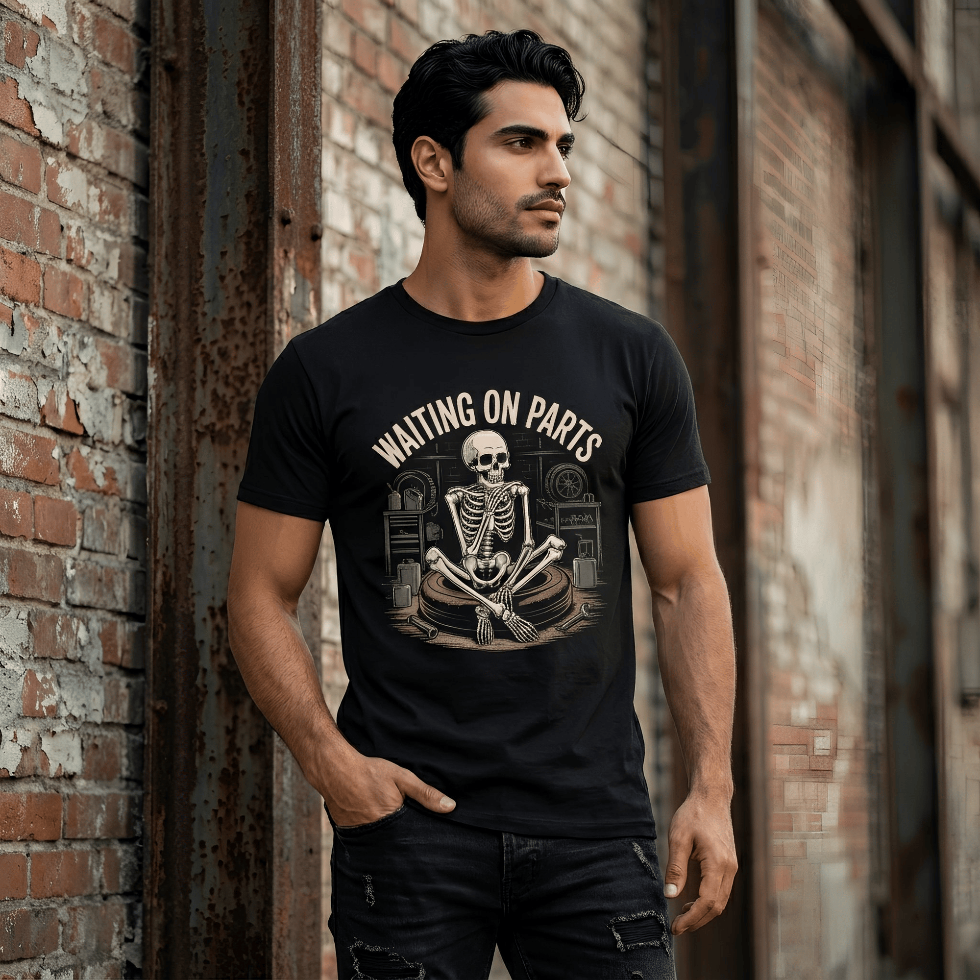 Vintage garment-dyed Waiting on Parts TShirt with minimalist text and relaxed fit for mechanics and makers