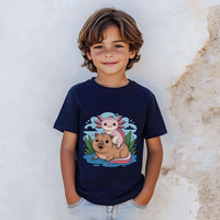 Youth tee featuring an axolotl on a capybara illustration for kids