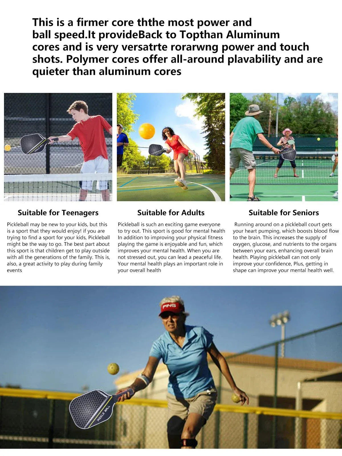 Pickleball Paddles Set of 2, Carbon Fiber Surface (CHS), Polypropylene Honeycomb Core, Anti-Slip Sweat-Absorbing Grip, 4 Pickleb