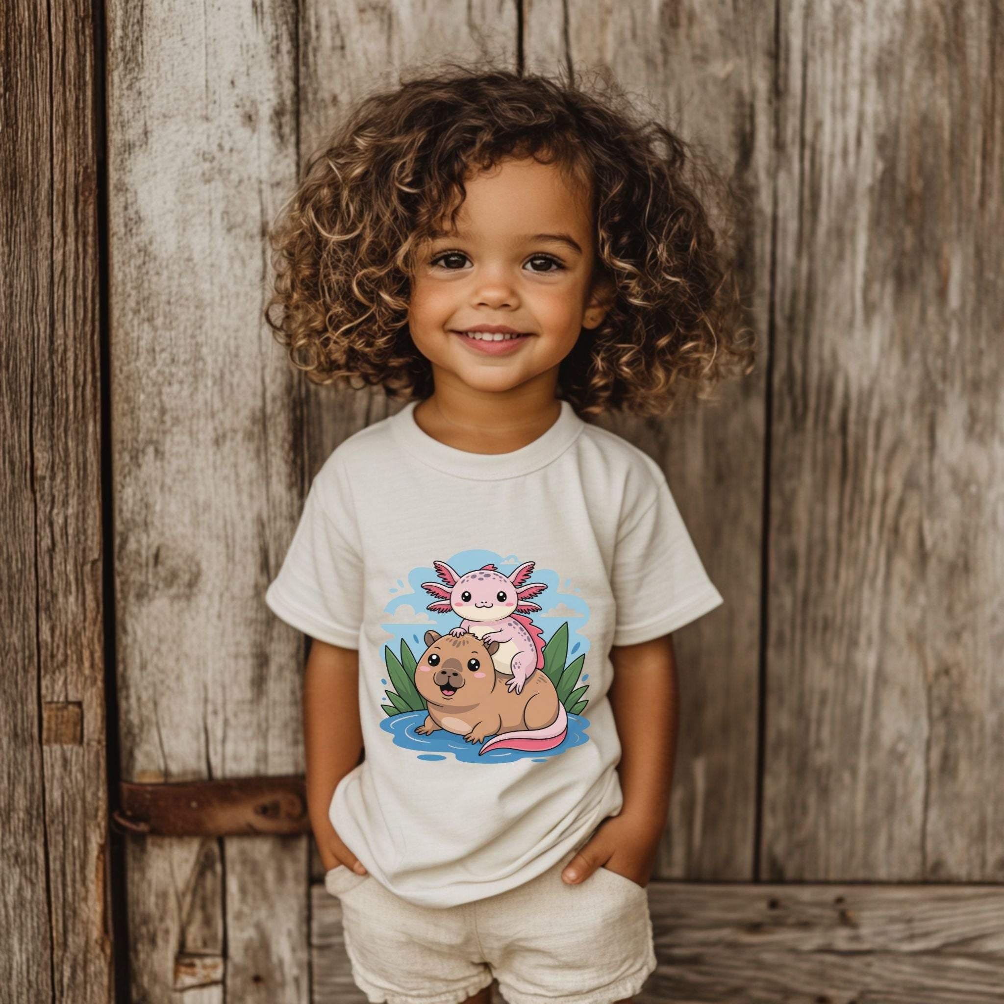 Child wearing youth tee with axolotl on capybara design against wooden background