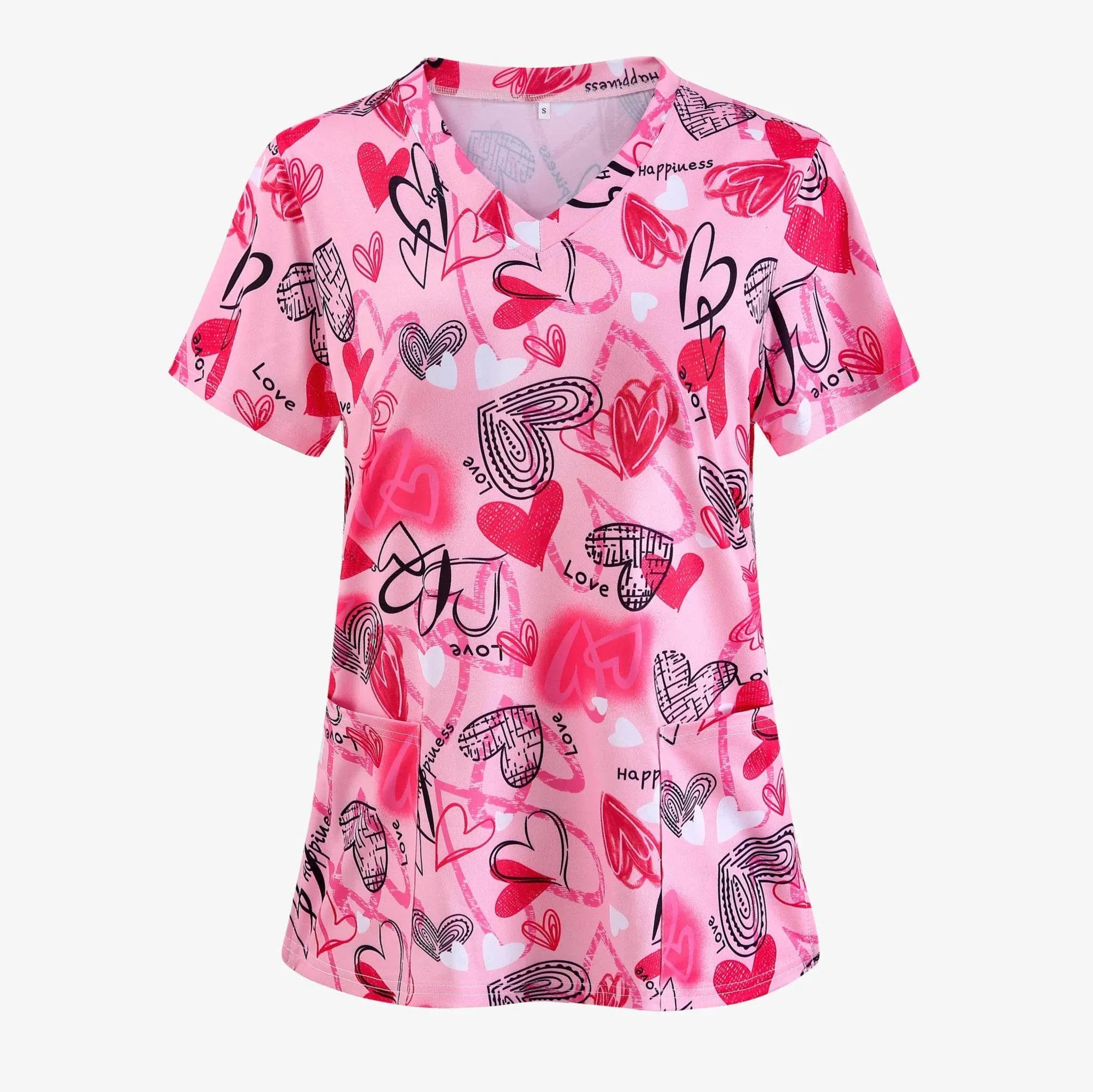 Women’s Valentine Heart Nurse-Style T-Shirt with heart print and V-neck, perfect Valentines Day Clothes for casual and festive wear